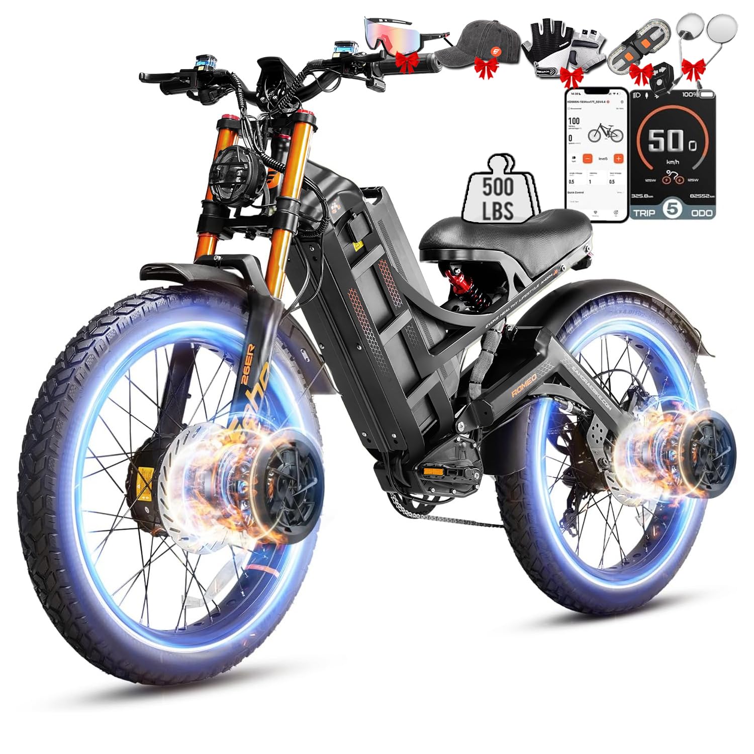 eAhora 2026 Romeo Electric Bike - Adults 40-50MPH 2500W/5600W Dual Motor 60V 80AH 250Miles Long Range Ebike, 26" Fat Tire Fast Electric Mountain Bike Full Suspension Off-Road E-Bike