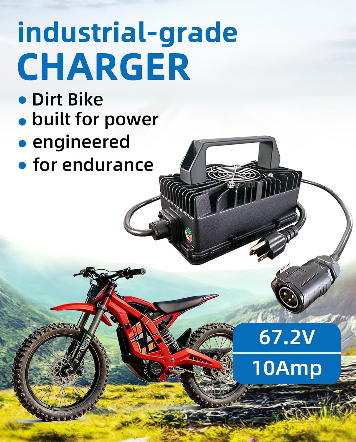 67.2V 10A Fast Charger Compatible with Surron Light Bee X Segway X260 Sur-Ron Electric Dirt Bike 2025, IP65 Waterproof Battery Power Adapter for 60V eBike with Cooling Fan, Same Original