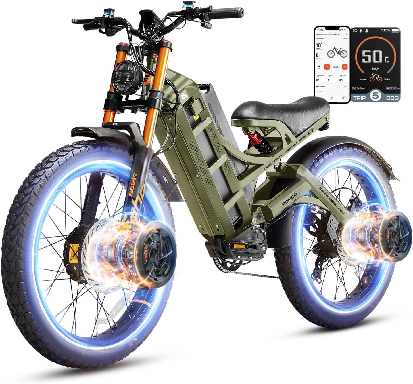 eAhora 2026 Romeo Electric Bike - Adults 40-50MPH 2500W/5600W Dual Motor 60V 80AH 250Miles Long Range Ebike, 26" Fat Tire Fast Electric Mountain Bike Full Suspension Off-Road E-Bike