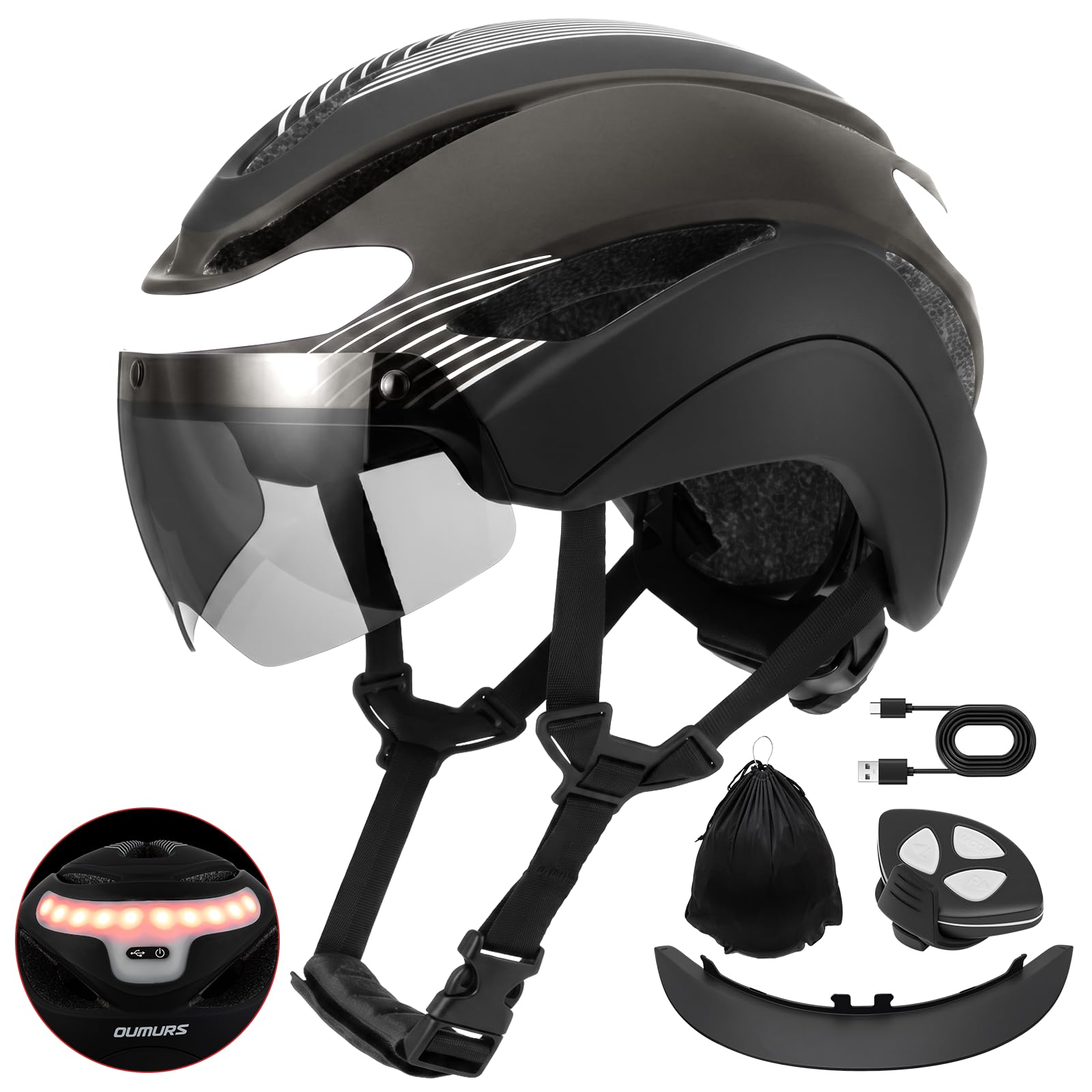 OUMURS Adult Bike Helmet, Bicycle Helmet with USB Rechargeable LED Turn Signal Lights & Magnetic Goggles Removable Visor