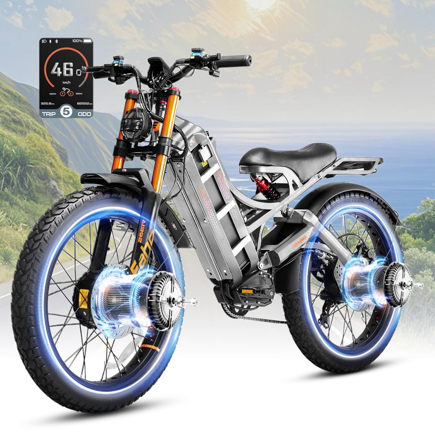 eAhora 2026 Romeo Electric Bike - Adults 40-50MPH 2500W/5600W Dual Motor 60V 80AH 250Miles Long Range Ebike, 26" Fat Tire Fast Electric Mountain Bike Full Suspension Off-Road E-Bike