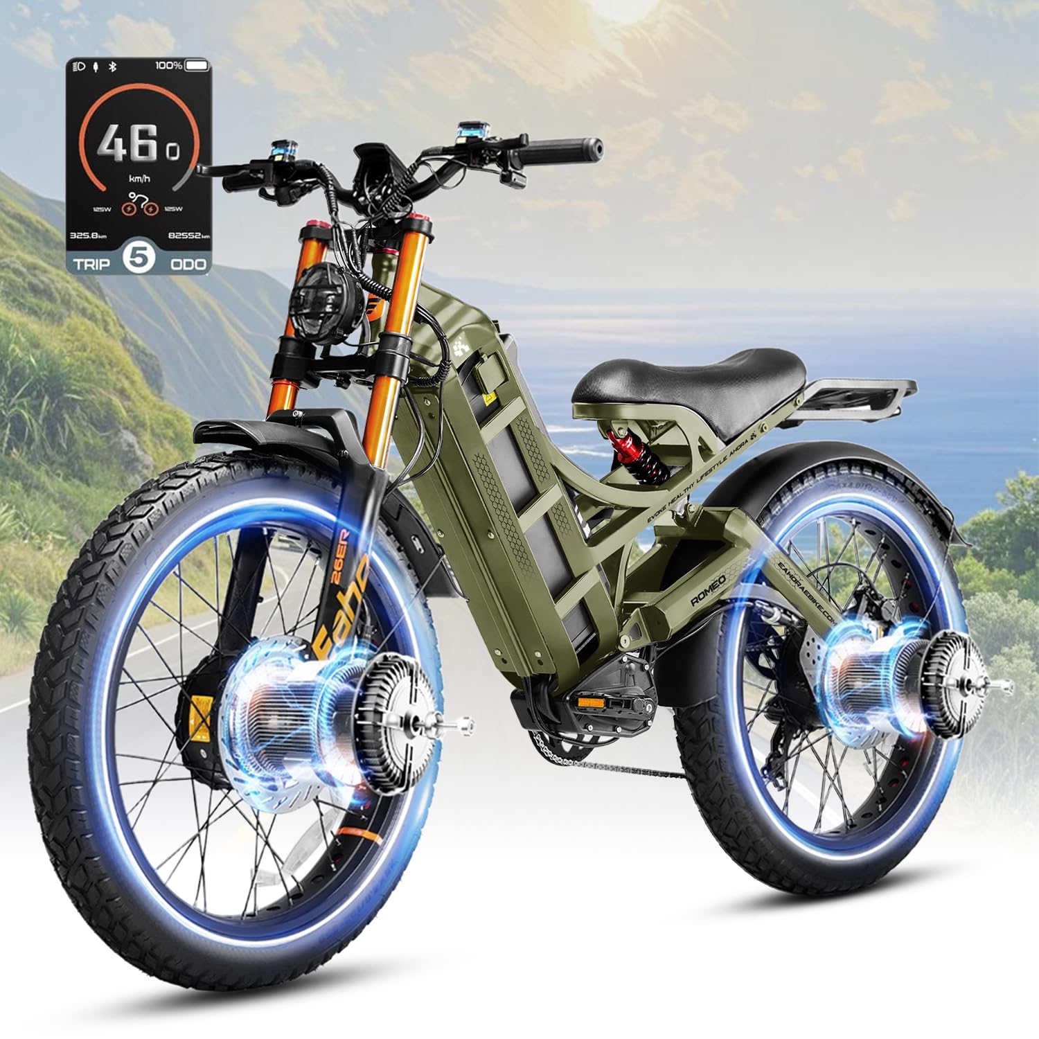 eAhora 2026 Romeo Electric Bike - Adults 40-50MPH 2500W/5600W Dual Motor 60V 80AH 250Miles Long Range Ebike, 26" Fat Tire Fast Electric Mountain Bike Full Suspension Off-Road E-Bike