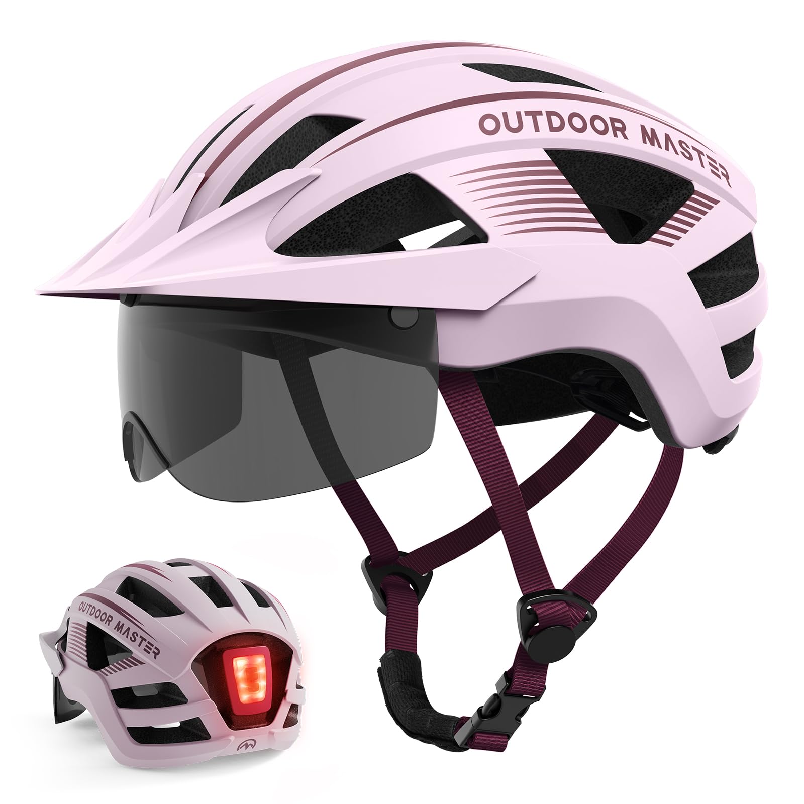 OutdoorMaster Adult Bike Helmet - Bicycle Helmet with Rechargeable Rear LED Light, Detachable Magnetic Goggles, Removable Sun Visor - Suitable for Commuting and Cycling for Men and Women