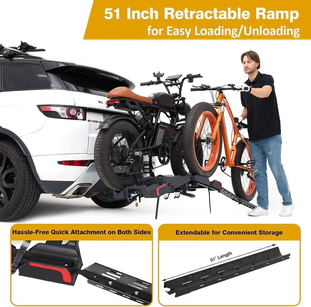 Ebike Rack with Ramp for 2 E-Bikes 200 lbs Capacity Fits 5" Fat Tire, Hitch Bike Rack for Cars SUVs Trucks with 2" Receiver, Foldable Tilting Locking No Assembly Needed E-Bike Platform Carrier