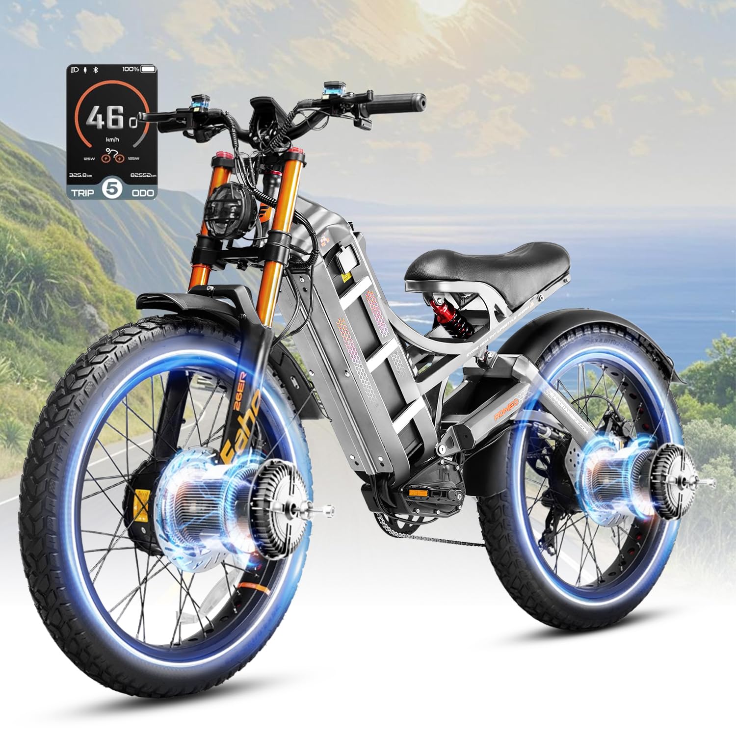 eAhora 2026 Romeo Electric Bike - Adults 40-50MPH 2500W/5600W Dual Motor 60V 80AH 250Miles Long Range Ebike, 26" Fat Tire Fast Electric Mountain Bike Full Suspension Off-Road E-Bike