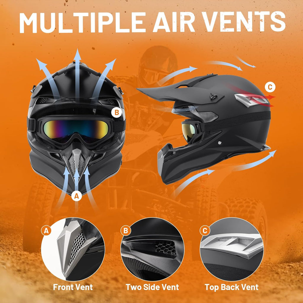 OUMURS Adult Motocross Dirt Bike Helmet with Goggles, Gloves & Mask Dirt Bike ATV Helmet for Unisex-Adult Men Women Adjustable Sun Visor DOT/FMVSS-218 Off-Road Motorcycle Helmet UTV Helmet Downhill