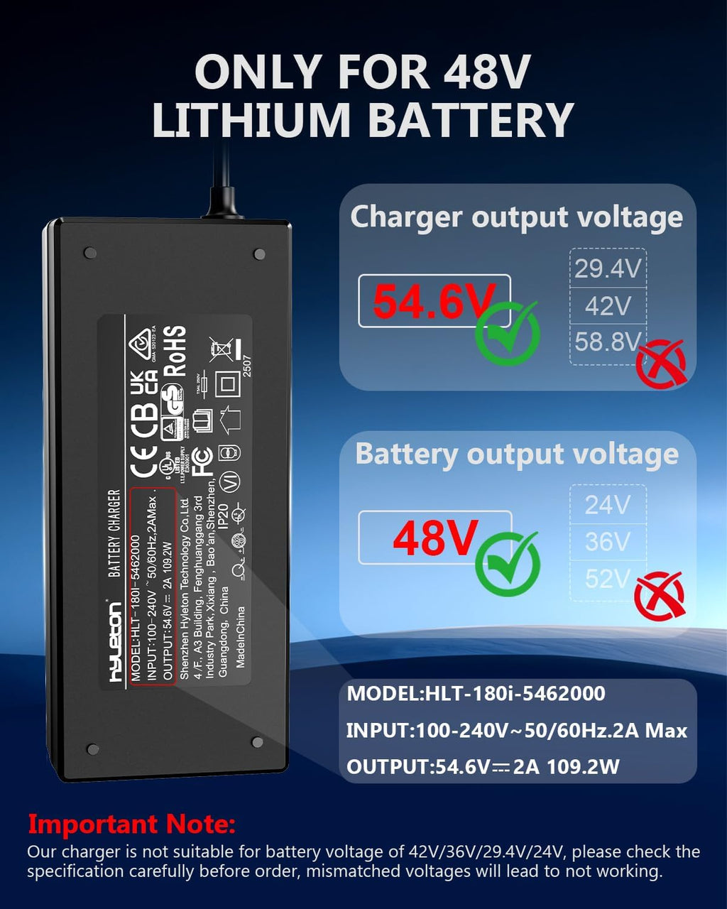48V Lithium Battery Charger – UL Certified 54.6V 2A Fast Charger for Electric Bike, with Auto Shutoff, Intelligent Temperature Control & Fire-Resistant Case