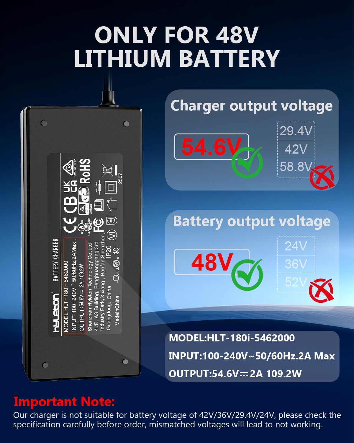 48V Lithium Battery Charger – UL Certified 54.6V 2A Fast Charger for Electric Bike, with Auto Shutoff, Intelligent Temperature Control & Fire-Resistant Case