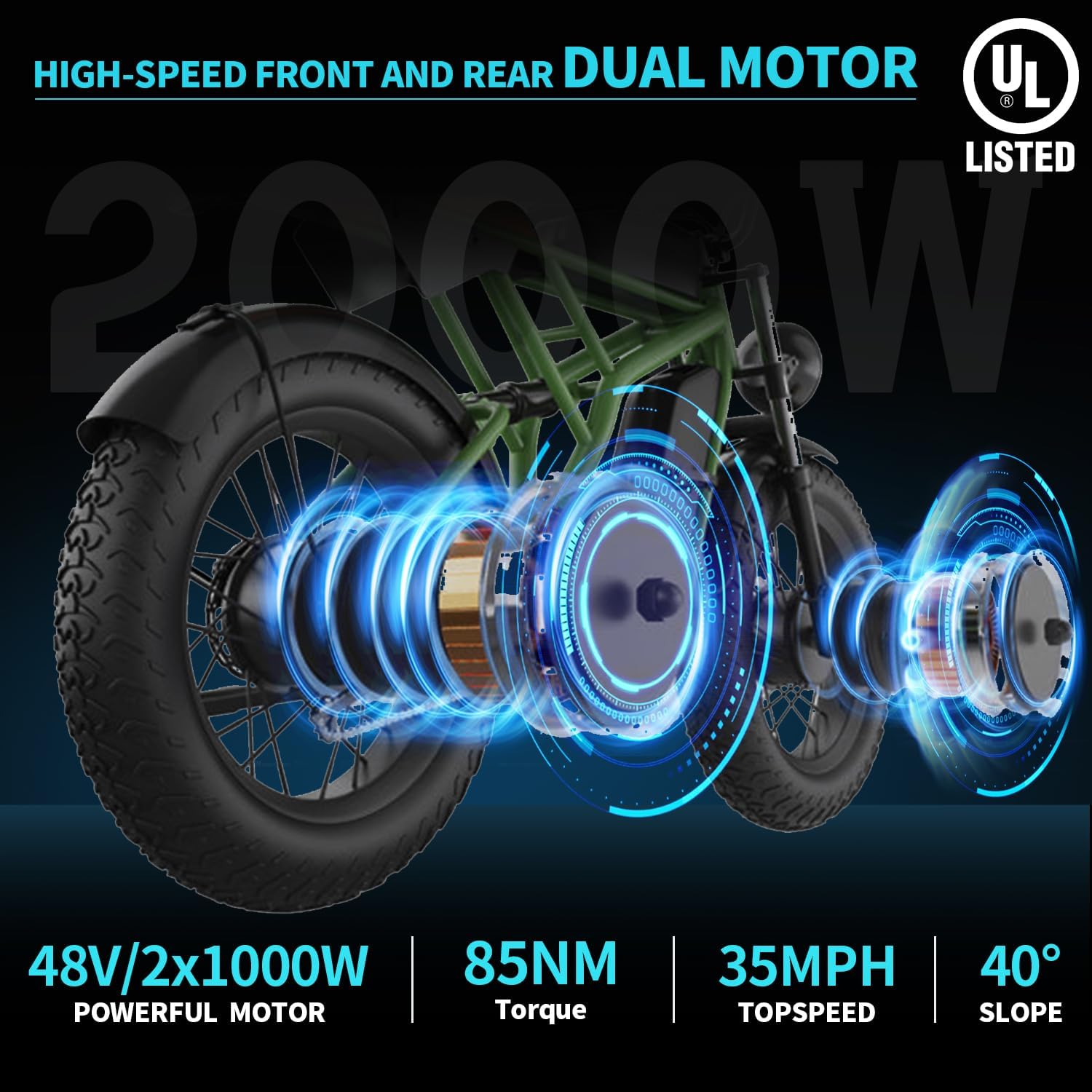 Freego Electric Motorcycle Bike for Adults, Dual Motor & Battery, 2000W/48V/40Ah, 20x4 Fat Tires Off Road Electric Dirt Bike Bicycle, Max 35MPH & 110 Mile Dual Supension 4 Piston Hydraulic Brake