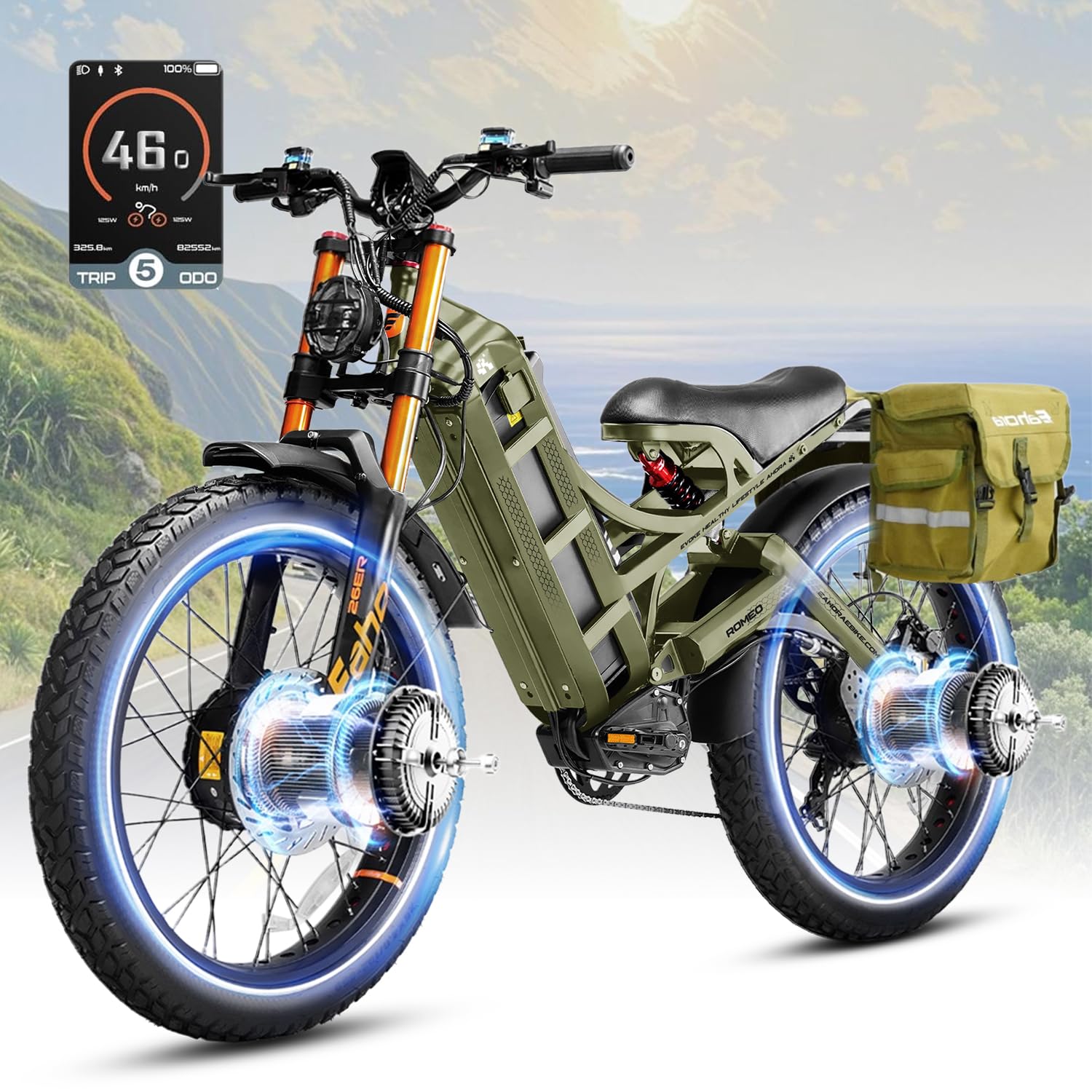 eAhora 2026 Romeo Electric Bike - Adults 40-50MPH 2500W/5600W Dual Motor 60V 80AH 250Miles Long Range Ebike, 26" Fat Tire Fast Electric Mountain Bike Full Suspension Off-Road E-Bike