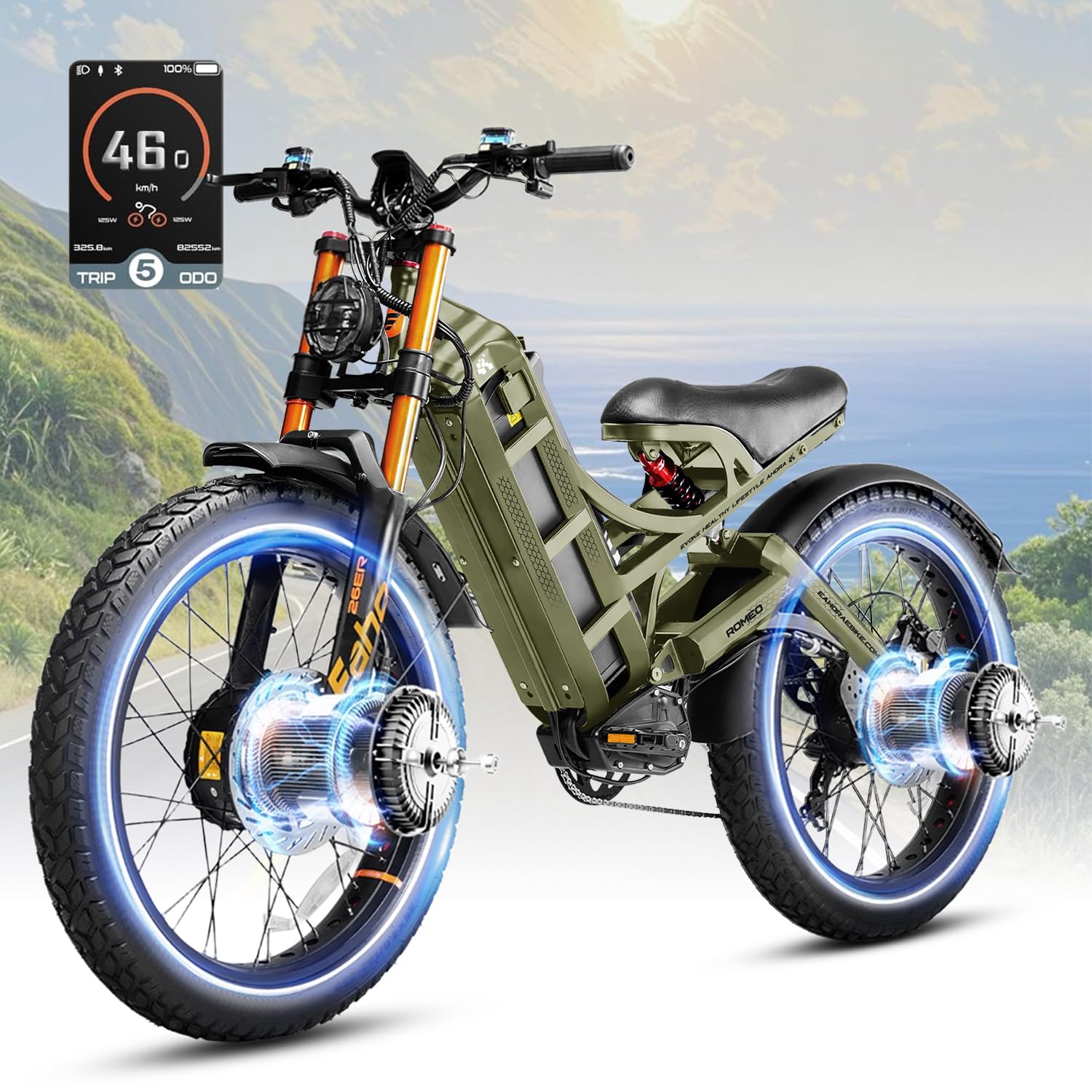 eAhora 2026 Romeo Electric Bike - Adults 40-50MPH 2500W/5600W Dual Motor 60V 80AH 250Miles Long Range Ebike, 26" Fat Tire Fast Electric Mountain Bike Full Suspension Off-Road E-Bike
