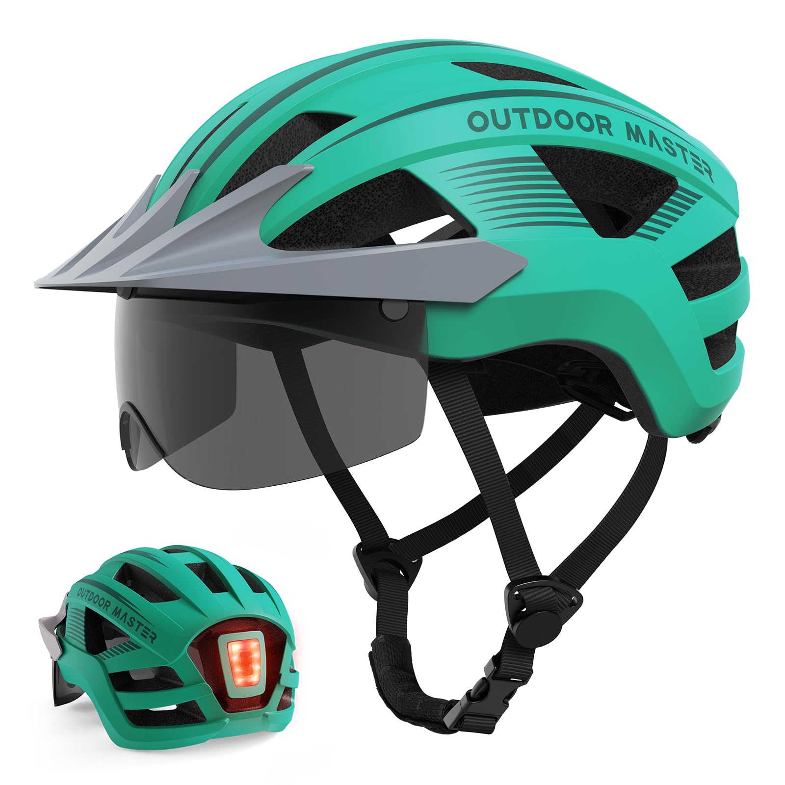 OutdoorMaster Adult Bike Helmet - Bicycle Helmet with Rechargeable Rear LED Light, Detachable Magnetic Goggles, Removable Sun Visor - Suitable for Commuting and Cycling for Men and Women