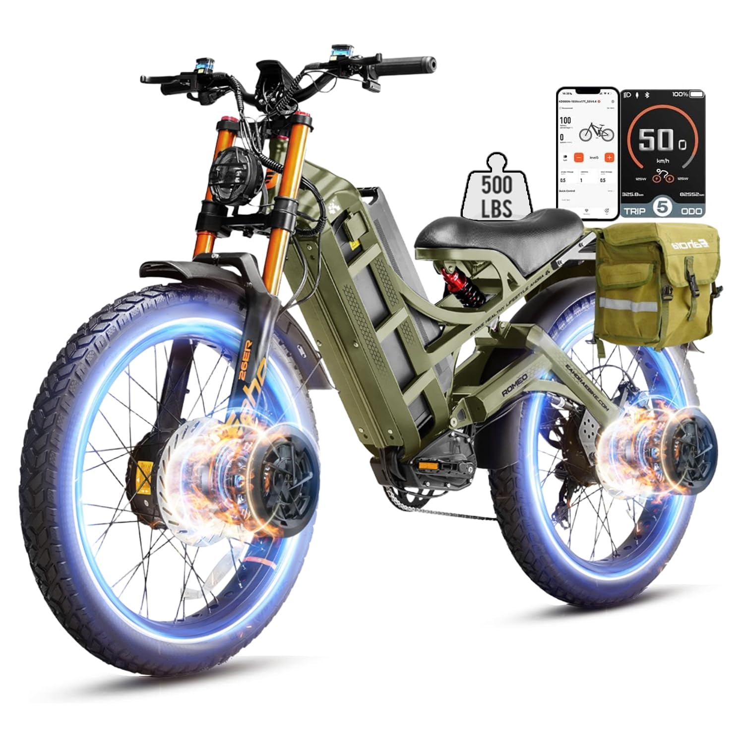 eAhora 2026 Romeo Electric Bike - Adults 40-50MPH 2500W/5600W Dual Motor 60V 80AH 250Miles Long Range Ebike, 26" Fat Tire Fast Electric Mountain Bike Full Suspension Off-Road E-Bike