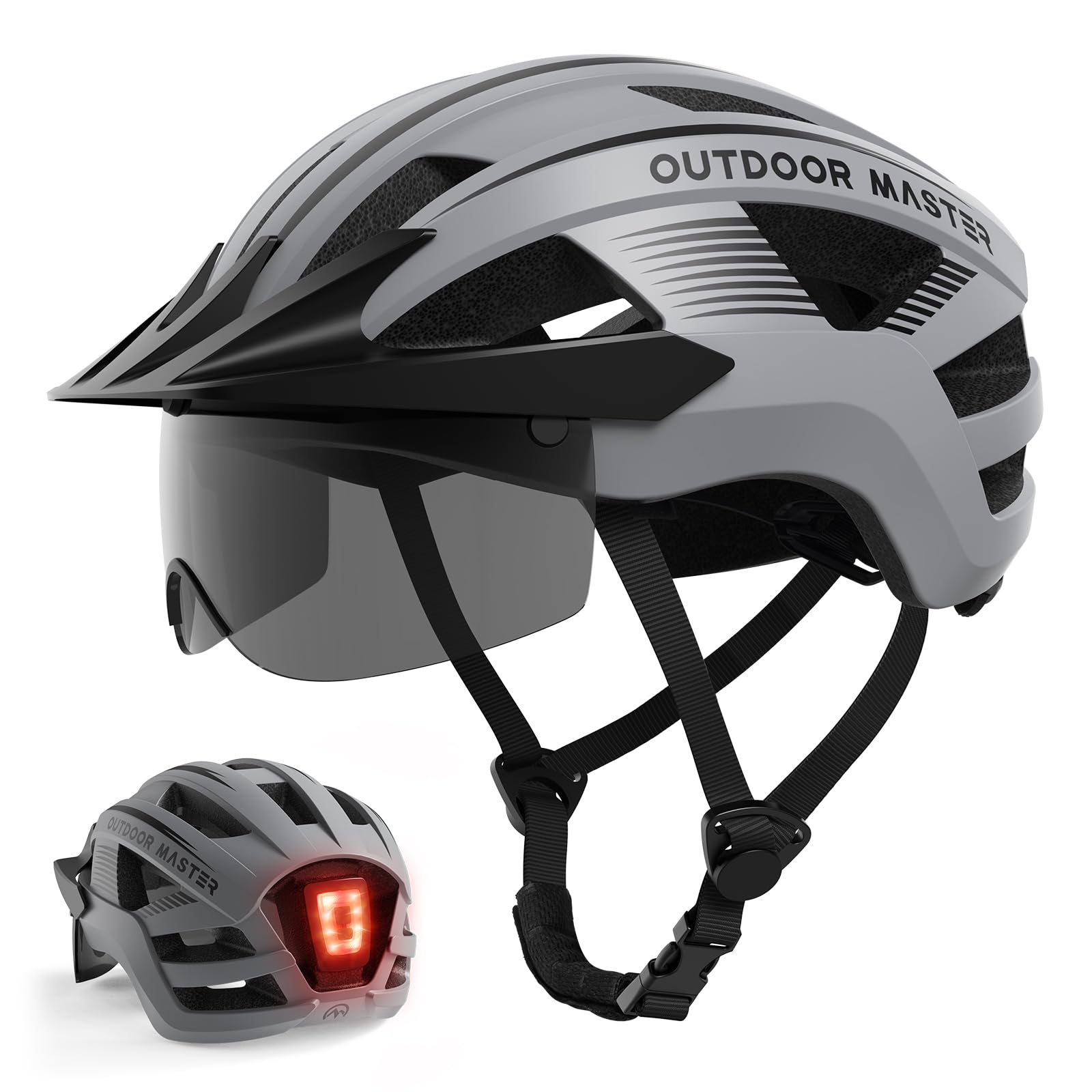OutdoorMaster Adult Bike Helmet - Bicycle Helmet with Rechargeable Rear LED Light, Detachable Magnetic Goggles, Removable Sun Visor - Suitable for Commuting and Cycling for Men and Women