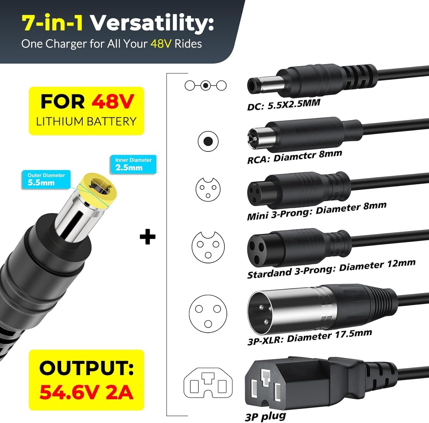 QKIIP 54.6V 2A Ebike Charger for 48V Lithium Battery, Universal Electric Bike Scooter Charger with 7 Plugs, Compatible with Ecotric City/Beach, Lectric XP 2.0/3.0, Evercross H5/H7