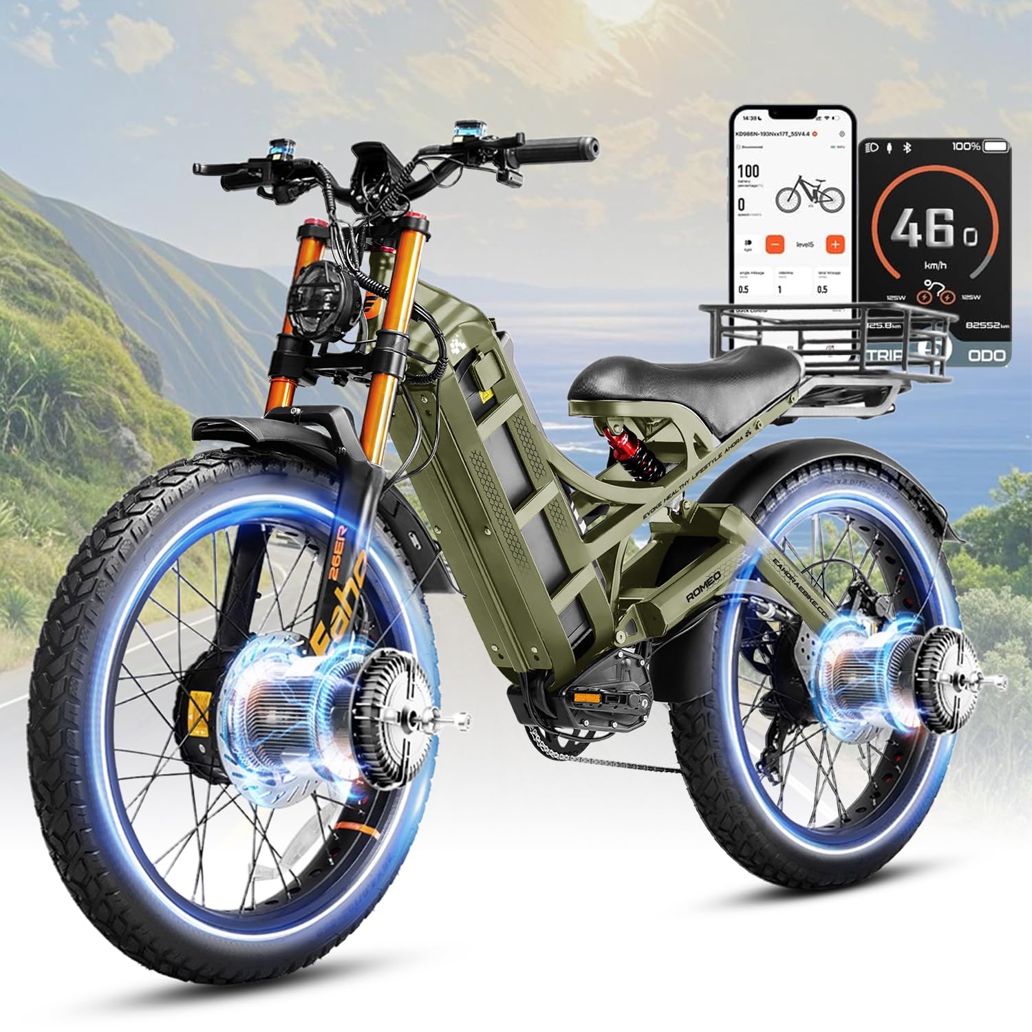 eAhora 2026 Romeo Electric Bike - Adults 40-50MPH 2500W/5600W Dual Motor 60V 80AH 250Miles Long Range Ebike, 26" Fat Tire Fast Electric Mountain Bike Full Suspension Off-Road E-Bike