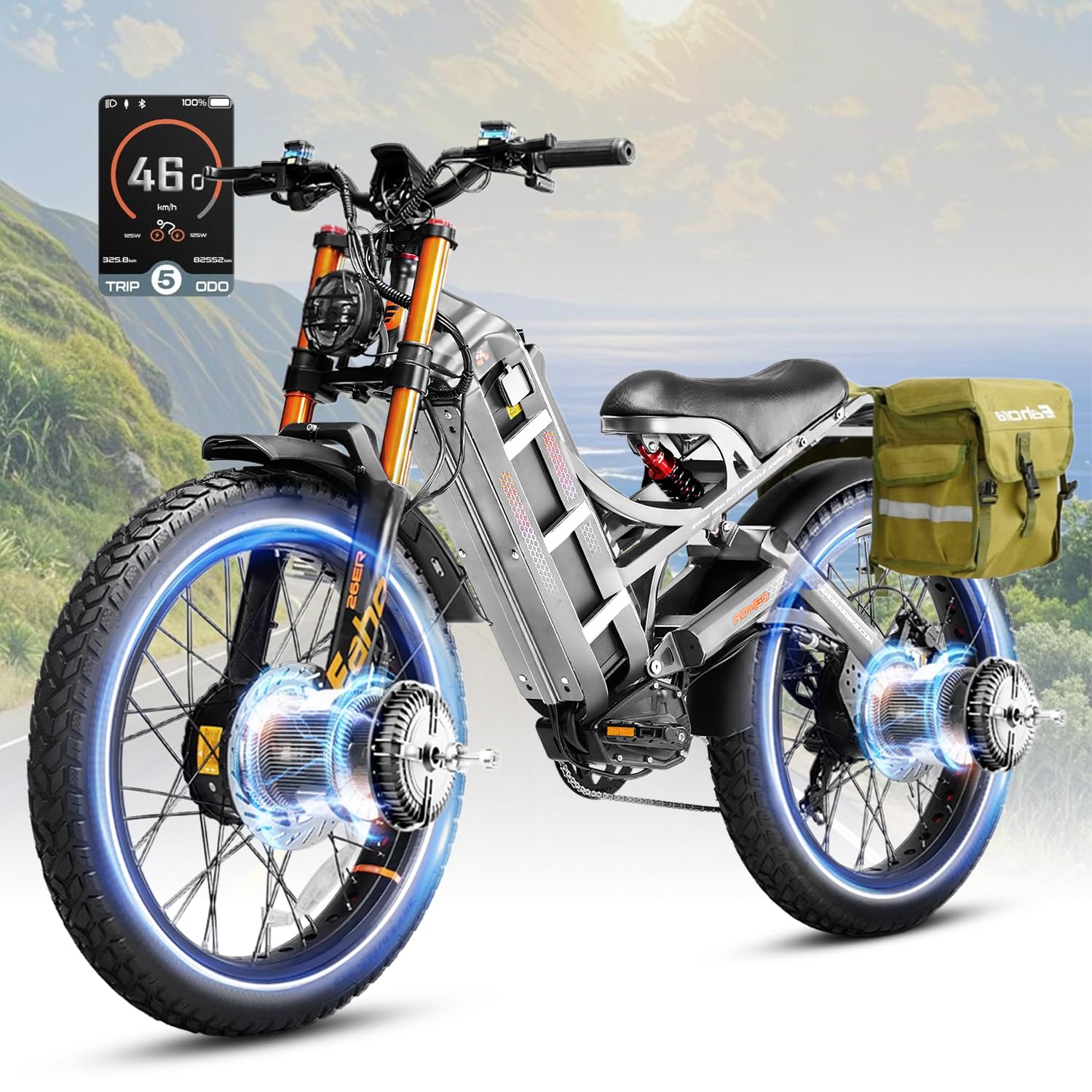 eAhora 2026 Romeo Electric Bike - Adults 40-50MPH 2500W/5600W Dual Motor 60V 80AH 250Miles Long Range Ebike, 26" Fat Tire Fast Electric Mountain Bike Full Suspension Off-Road E-Bike