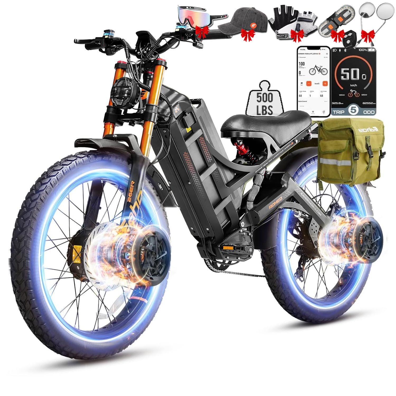 eAhora 2026 Romeo Electric Bike - Adults 40-50MPH 2500W/5600W Dual Motor 60V 80AH 250Miles Long Range Ebike, 26" Fat Tire Fast Electric Mountain Bike Full Suspension Off-Road E-Bike