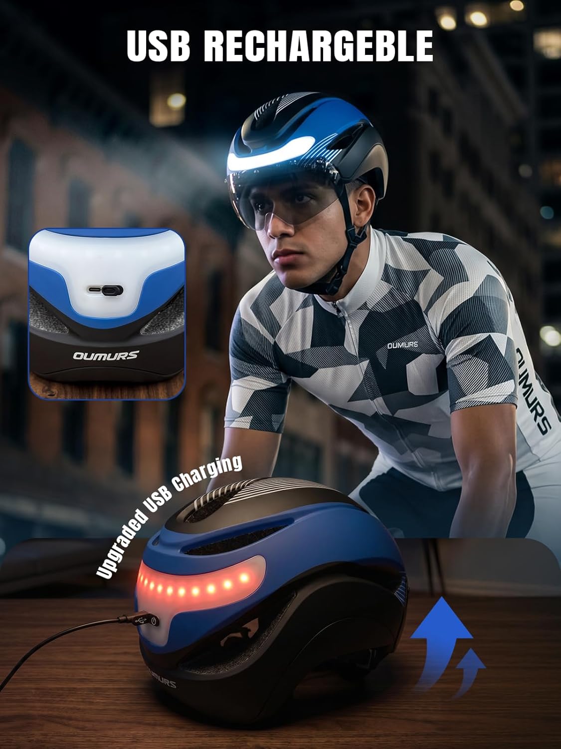 OUMURS Adult Bike Helmet, Bicycle Helmet with USB Rechargeable LED Turn Signal Lights & Magnetic Goggles Removable Visor