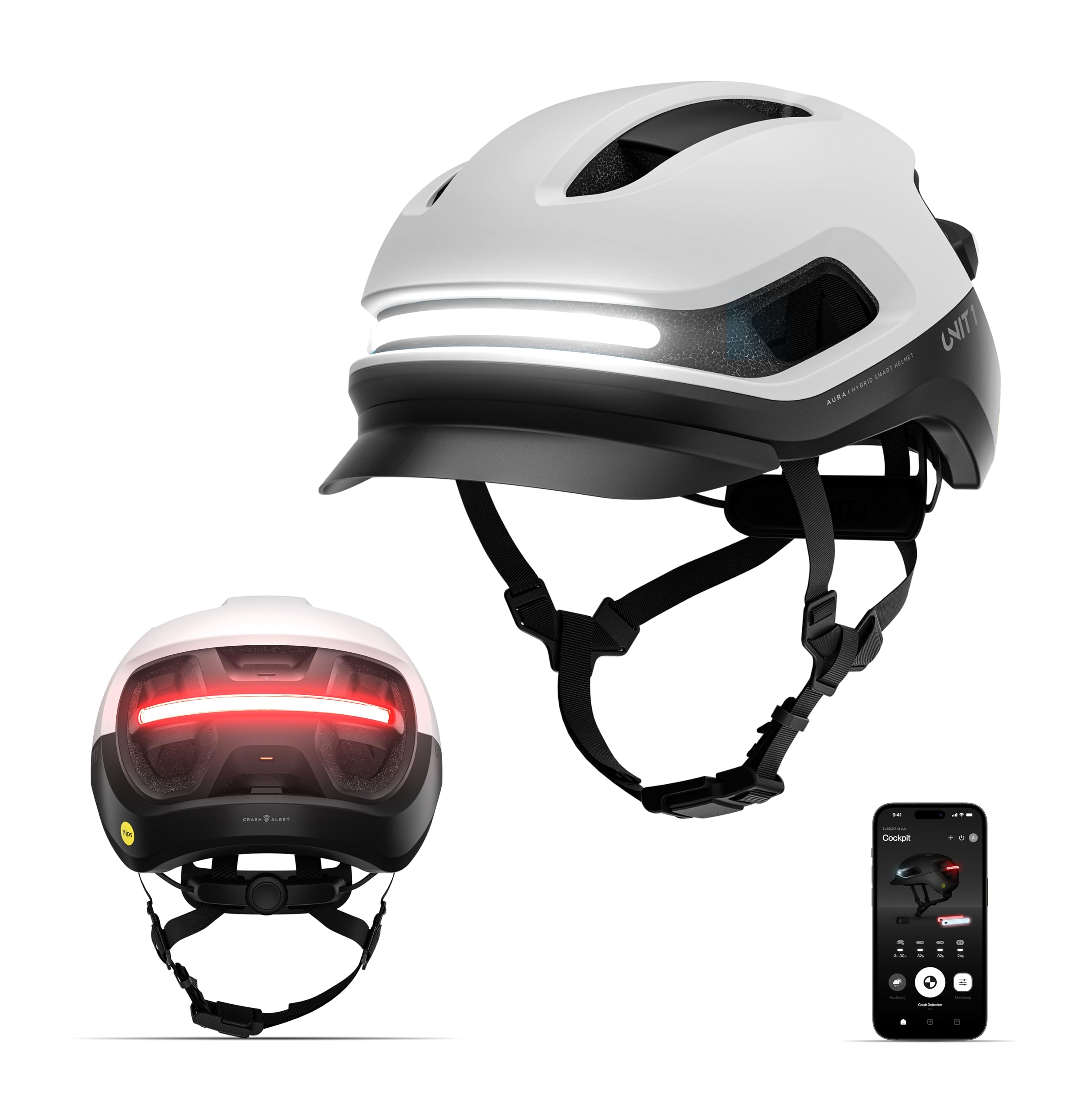 AURA Smart E-Bike Helmet with MIPS Safety, NTA-8776 Certified for 28mph, Integrated 500 Lumen LED Lights, Crash Detection, Turn Signals and Automatic Brake Light