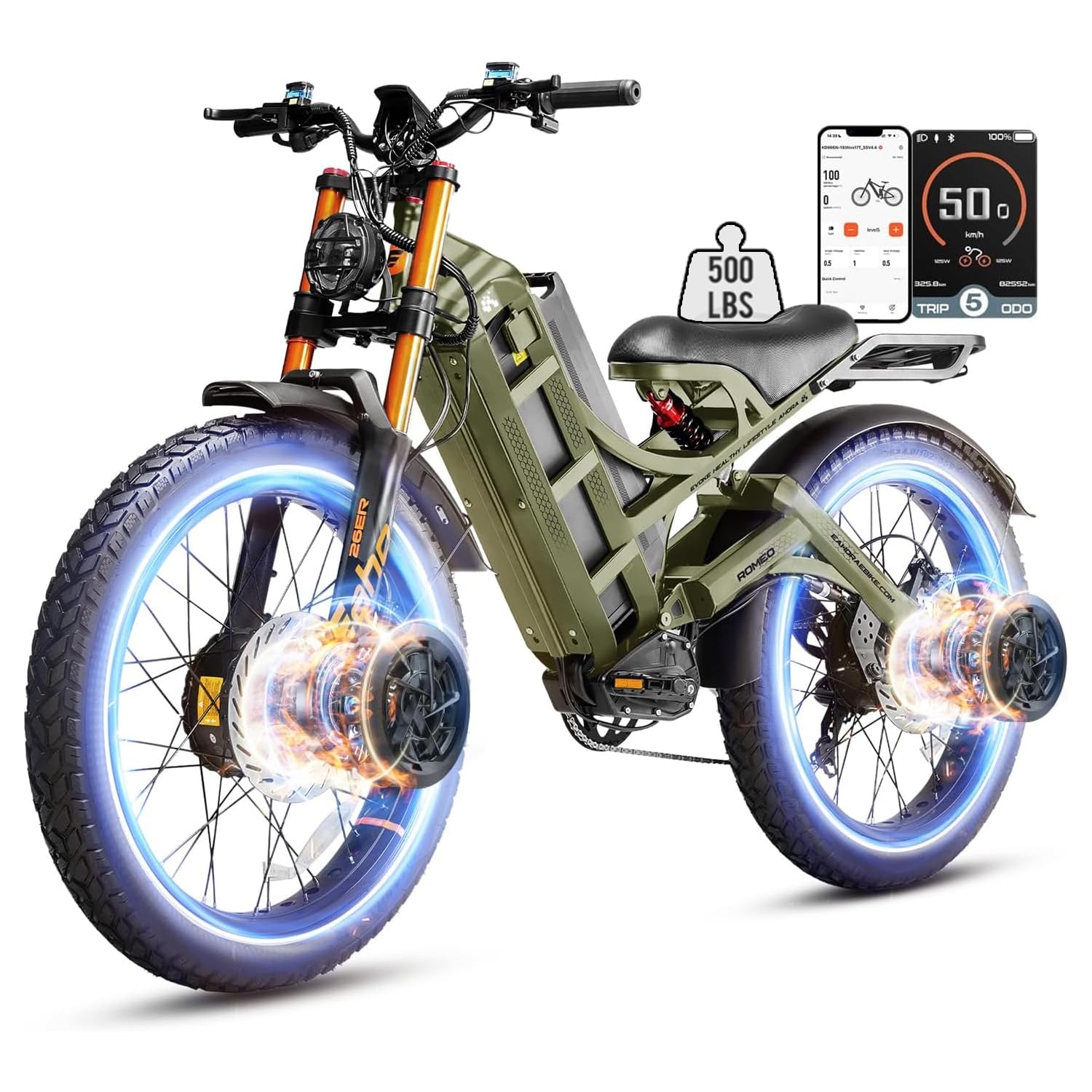eAhora 2026 Romeo Electric Bike - Adults 40-50MPH 2500W/5600W Dual Motor 60V 80AH 250Miles Long Range Ebike, 26" Fat Tire Fast Electric Mountain Bike Full Suspension Off-Road E-Bike