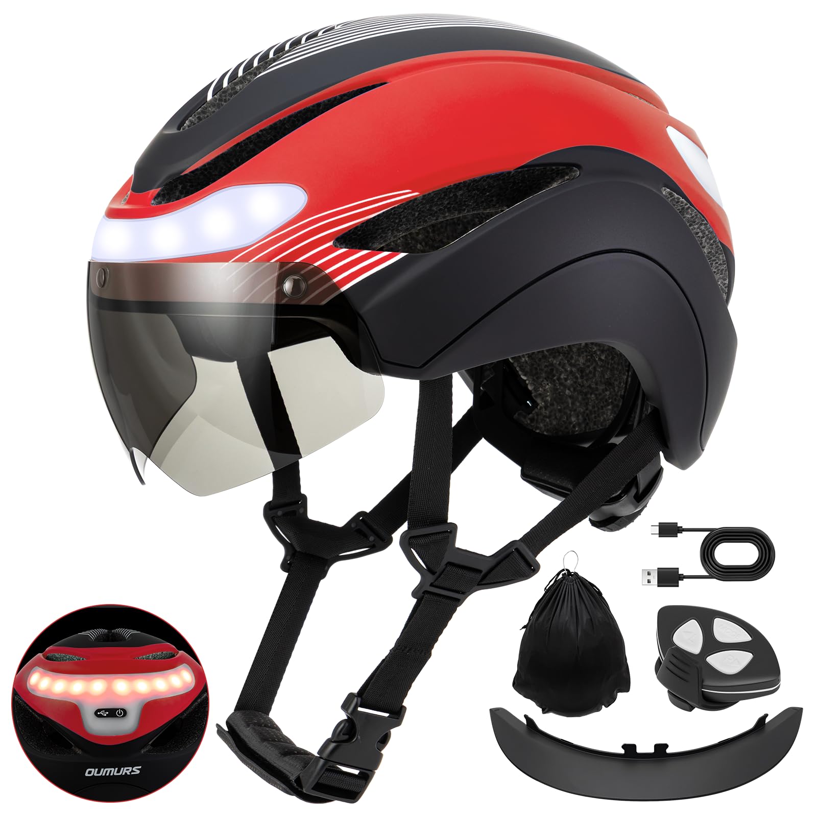 OUMURS Adult Bike Helmet, Bicycle Helmet with USB Rechargeable LED Turn Signal Lights & Magnetic Goggles Removable Visor