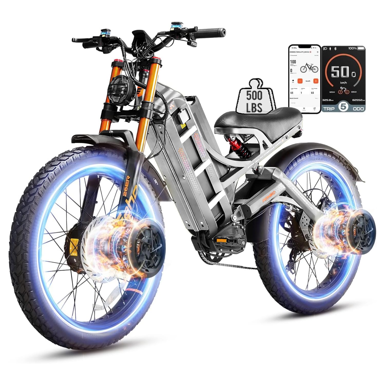 eAhora 2026 Romeo Electric Bike - Adults 40-50MPH 2500W/5600W Dual Motor 60V 80AH 250Miles Long Range Ebike, 26" Fat Tire Fast Electric Mountain Bike Full Suspension Off-Road E-Bike