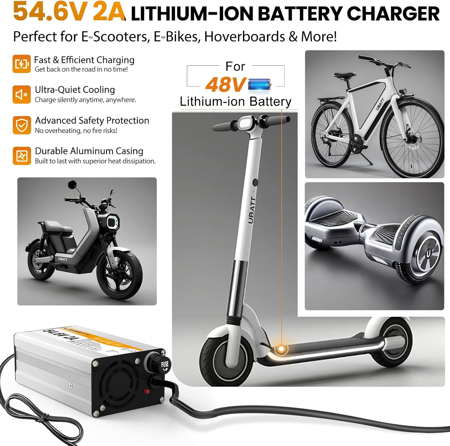 54.6V 2A Charger for 48V Lithium-ion Battery ebike Charger Electric Bike Charger Electric Scooter Charger Hoverboard Charger Replacement Charger with 6 Connectors