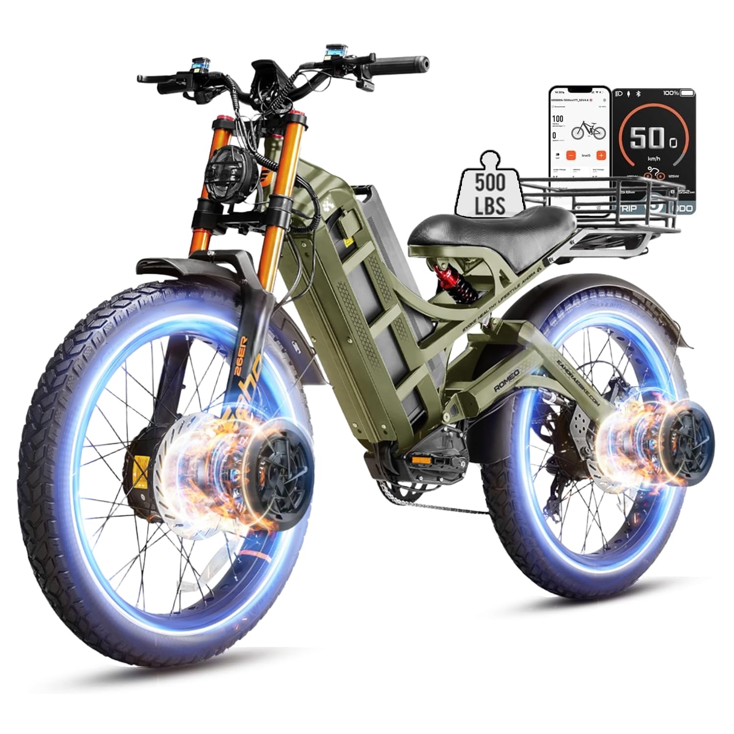 eAhora 2026 Romeo Electric Bike - Adults 40-50MPH 2500W/5600W Dual Motor 60V 80AH 250Miles Long Range Ebike, 26" Fat Tire Fast Electric Mountain Bike Full Suspension Off-Road E-Bike