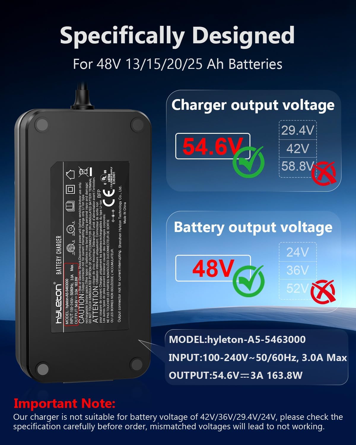UL Certified 54.6V 3A Faster ebike Charger for 48V Lithium Batteries - with Auto Shutoff, Intelligent Temperature Control, V0 Fireproof Case, Compatible with TST, ESKUTE Electric Bikes