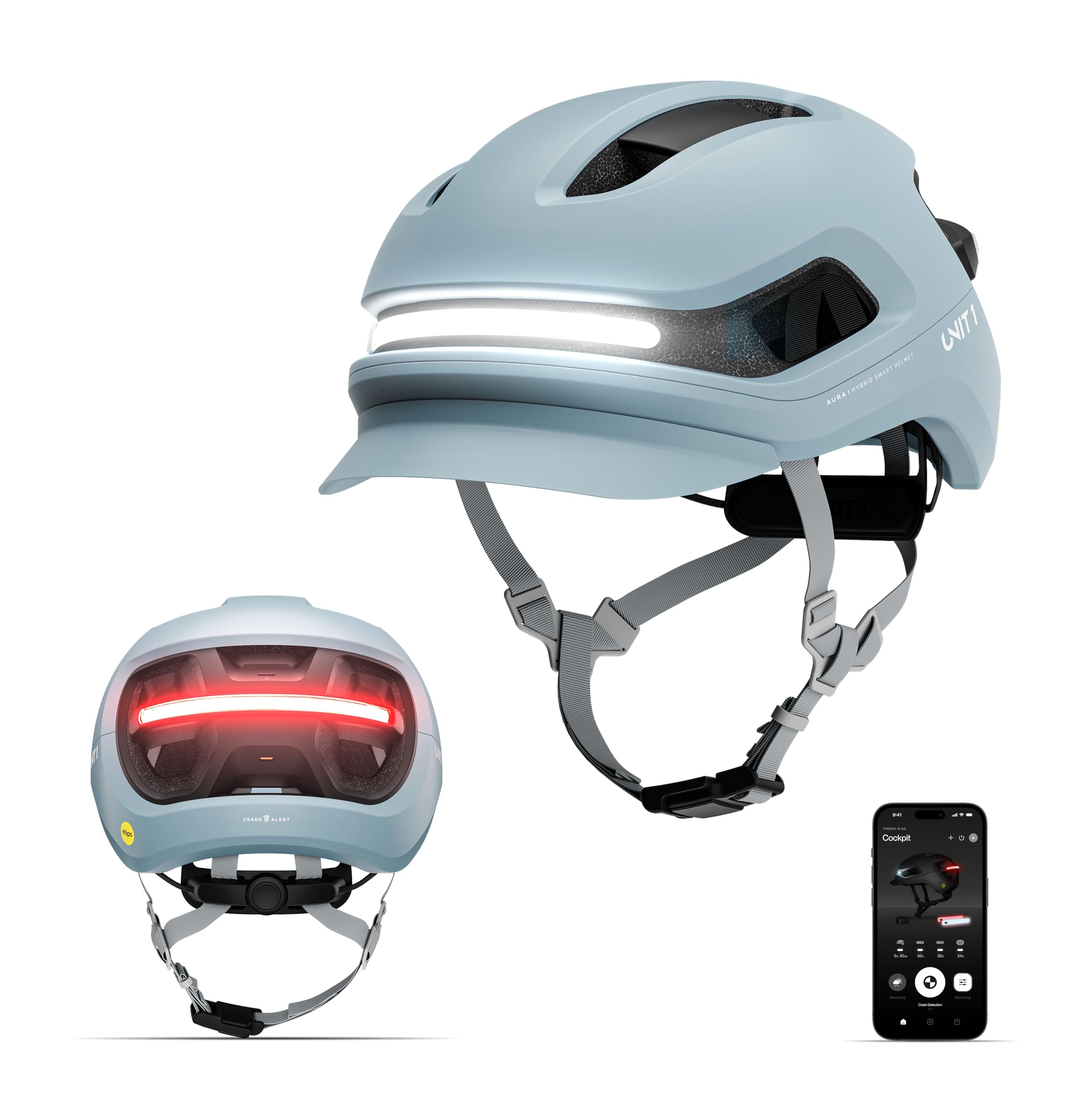AURA Smart E-Bike Helmet with MIPS Safety, NTA-8776 Certified for 28mph, Integrated 500 Lumen LED Lights, Crash Detection, Turn Signals and Automatic Brake Light