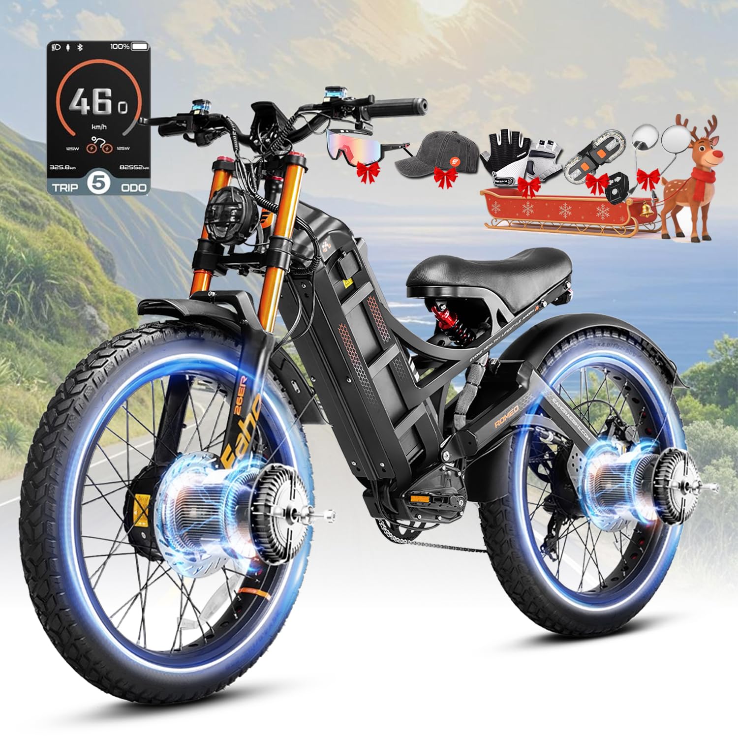 eAhora 2026 Romeo Electric Bike - Adults 40-50MPH 2500W/5600W Dual Motor 60V 80AH 250Miles Long Range Ebike, 26" Fat Tire Fast Electric Mountain Bike Full Suspension Off-Road E-Bike
