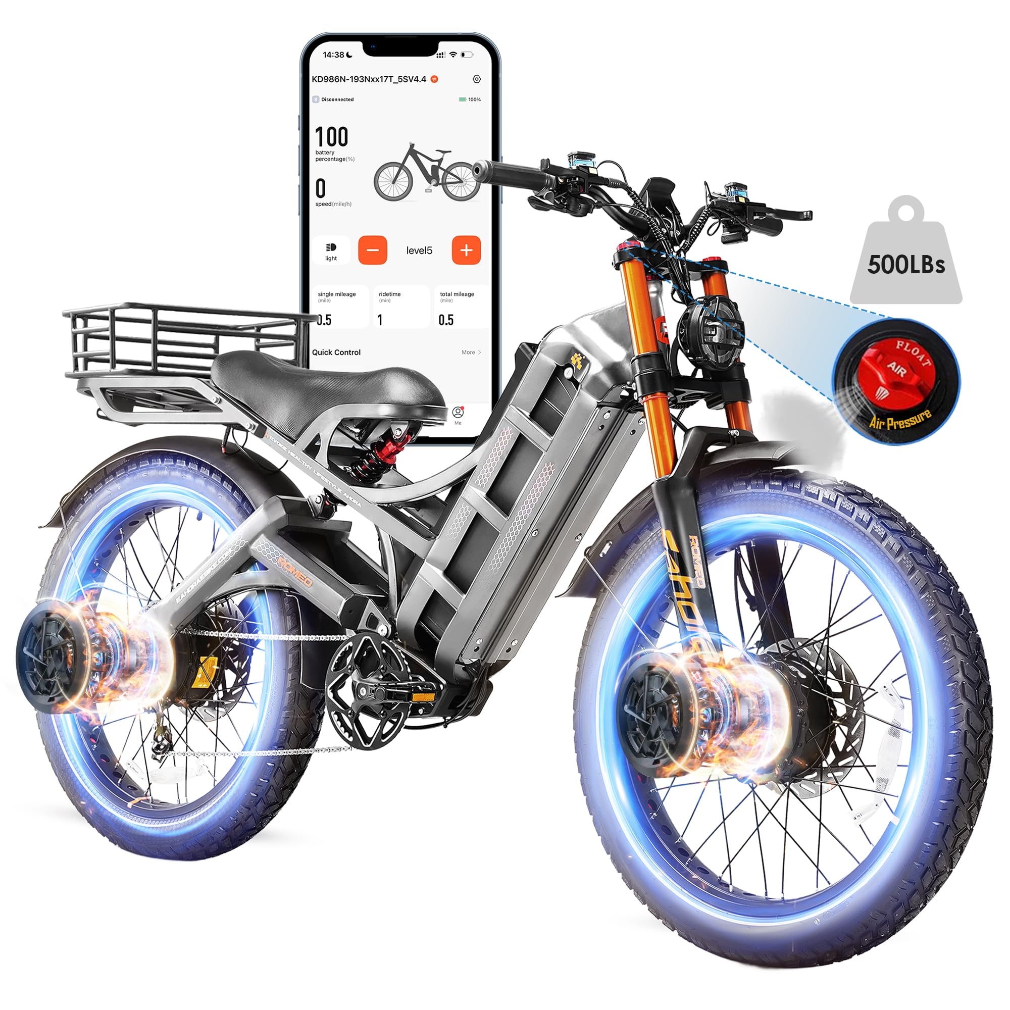 2026 eAhora Romeo Dual-Motor Ebike - 50Mph 5600W 60-80AH 250Miles Long Range Electric Bike for Adults, Full Suspension Hydraulic Brakes Electric Bicycle, 26" Mountain Bike for Off-Road Commuting