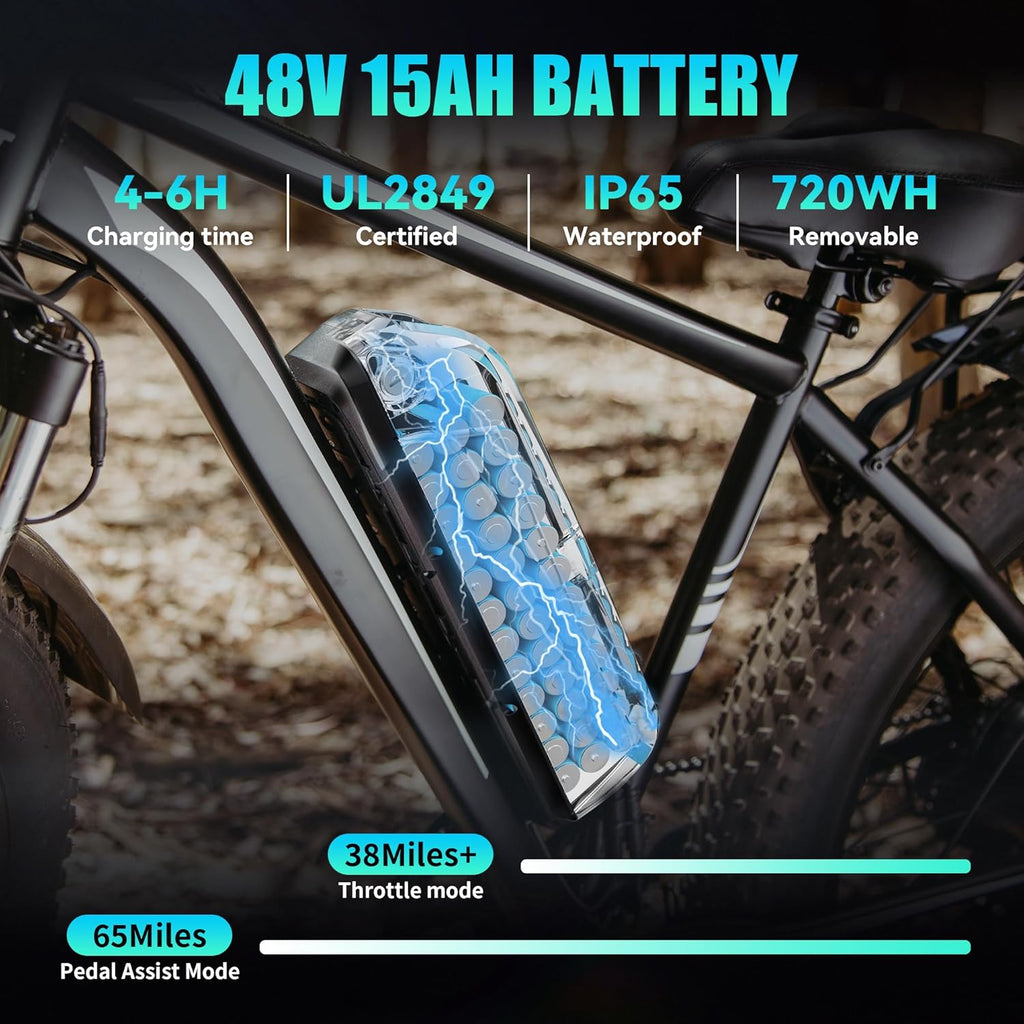 EB26 Peak 1500W Electric Bike for Adults, Electric Bicycle with 48V 15AH (720WH) Removable Battery,26"x4" Fat Tire Ebike 28mph 7 Speed Gears Mountain Dirt Bike