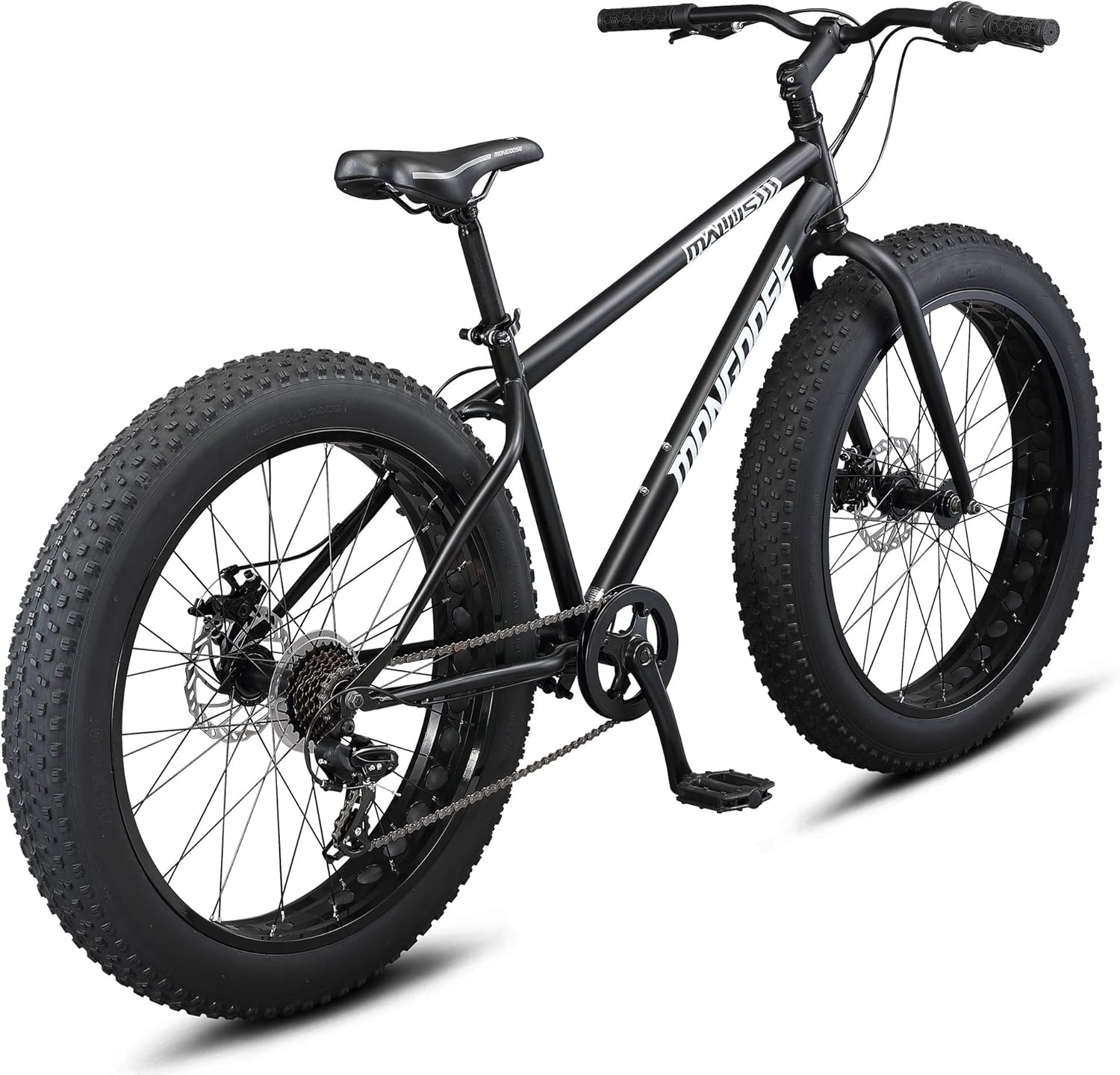 Mongoose Malus Mens and Women Fat Tire Mountain Bike, 26-Inch Bicycle Wheels, 4-Inch Wide Knobby Tires, Steel Frame, 7 Speed Drivetrain, Shimano Rear Derailleur, Disc Brakes