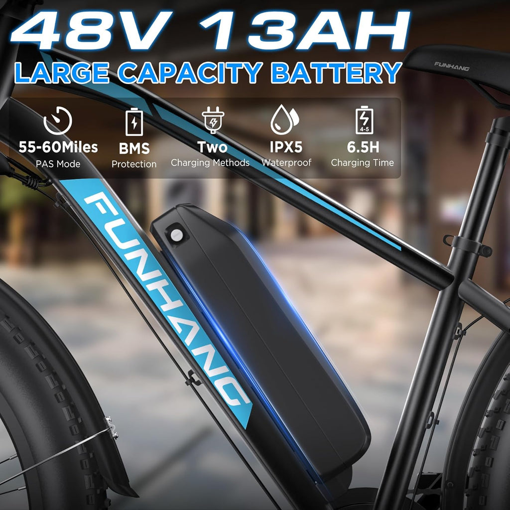 Funhang Electric Bike for Adults, 1000W Peak Ebike, 20MPH 60Miles Electric Mountain Bike, 26" Fat Tire Electric Bicycle with 48V 13AH Battery, Front Suspension,7 Speed, Rear Rack, UL 2849 Certified