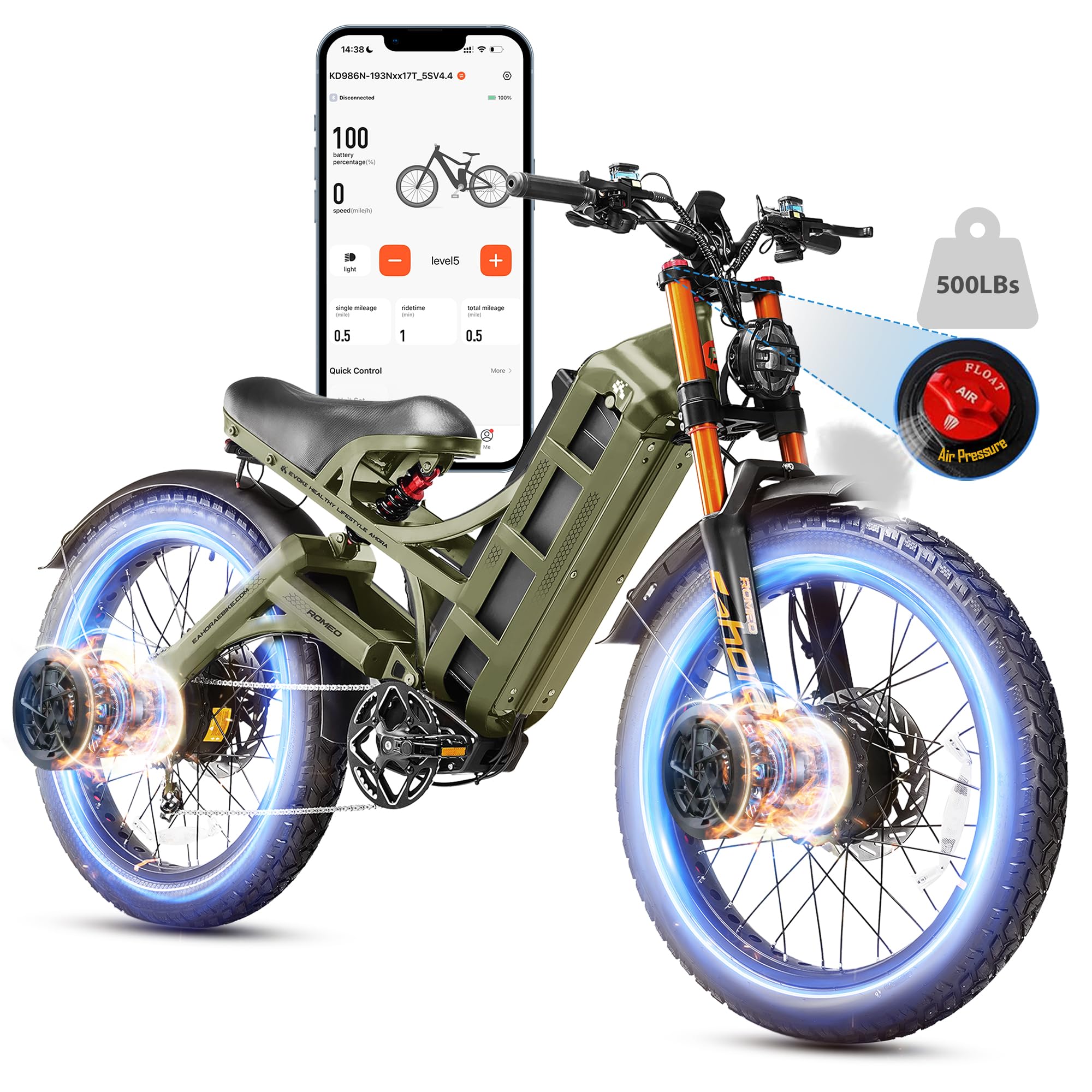 2026 eAhora Romeo Dual-Motor Ebike - 50Mph 5600W 60-80AH 250Miles Long Range Electric Bike for Adults, Full Suspension Hydraulic Brakes Electric Bicycle, 26" Mountain Bike for Off-Road Commuting