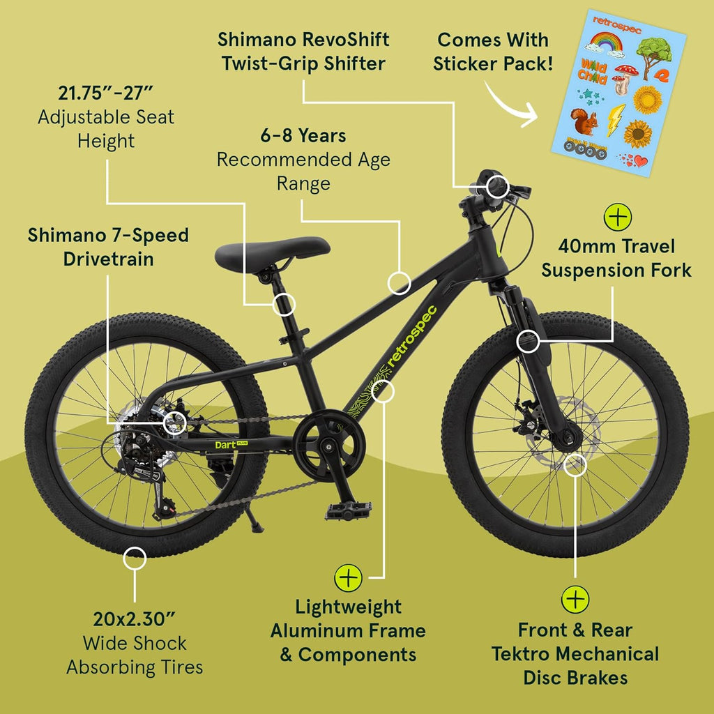 Retrospec Dart Plus 20-Inch Kids Bike - 7-Speed Bike with Disc Brakes & Suspension Fork for Ages 6-8 Years, Lightweight Aluminum Frame