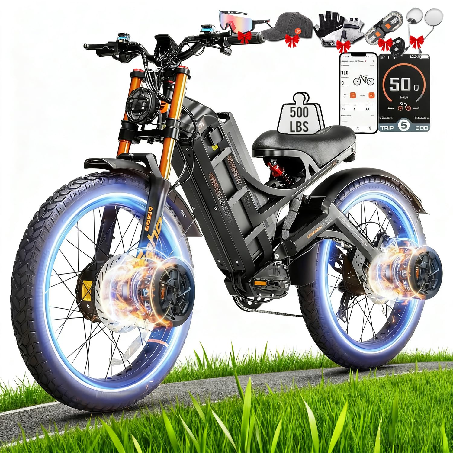 2026 eAhora Romeo Dual-Motor Ebike - 50Mph 5600W 60-80AH 250Miles Long Range Electric Bike for Adults, Full Suspension Hydraulic Brakes Electric Bicycle, 26" Mountain Bike for Off-Road Commuting