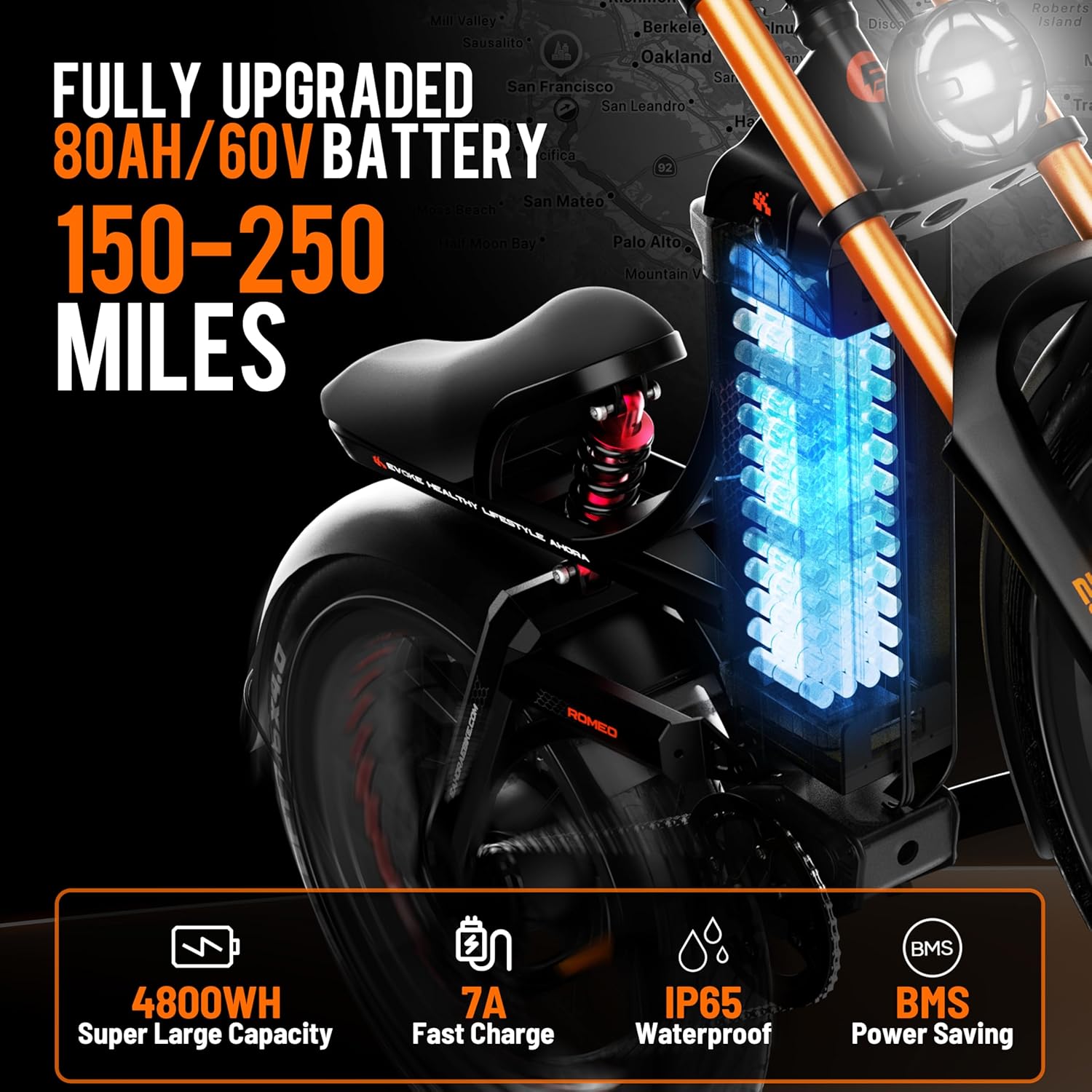 Eahora Romeo Pro 3 Electric Bike for Adults Peak 5600W 50MPH Dual Motor Ebike 60V 80Ah Battery 250+ Miles Ebike 26" Fat Tire Electric Mountain Bike Full Suspension Electric Bicycle