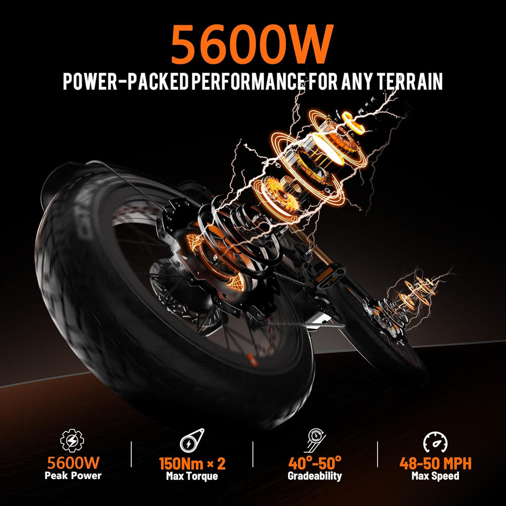 Eahora Romeo Pro 3 Electric Bike for Adults Peak 5600W 50MPH Dual Motor Ebike 60V 80Ah Battery 250+ Miles Ebike 26" Fat Tire Electric Mountain Bike Full Suspension Electric Bicycle