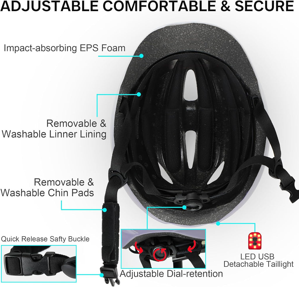 DKONI Bike Helmet Adult Urban:Bicycle Helmet for Men Women with USB Charge Detachable Taillight Helmets for Commuter Cycling Scooters