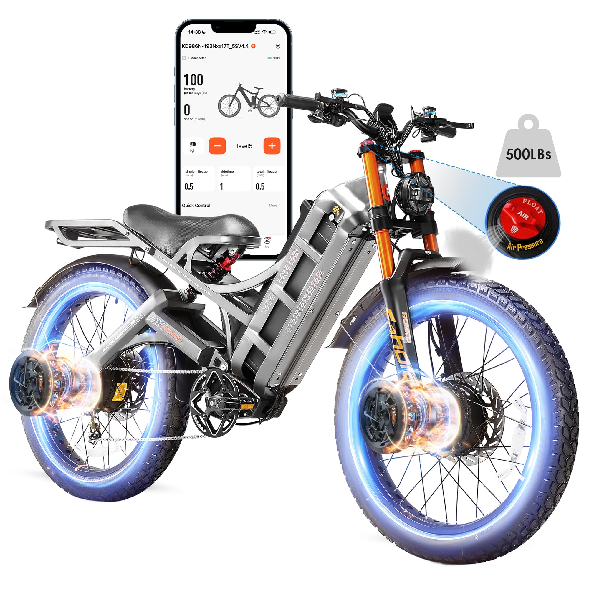 2026 eAhora Romeo Dual-Motor Ebike - 50Mph 5600W 60-80AH 250Miles Long Range Electric Bike for Adults, Full Suspension Hydraulic Brakes Electric Bicycle, 26" Mountain Bike for Off-Road Commuting