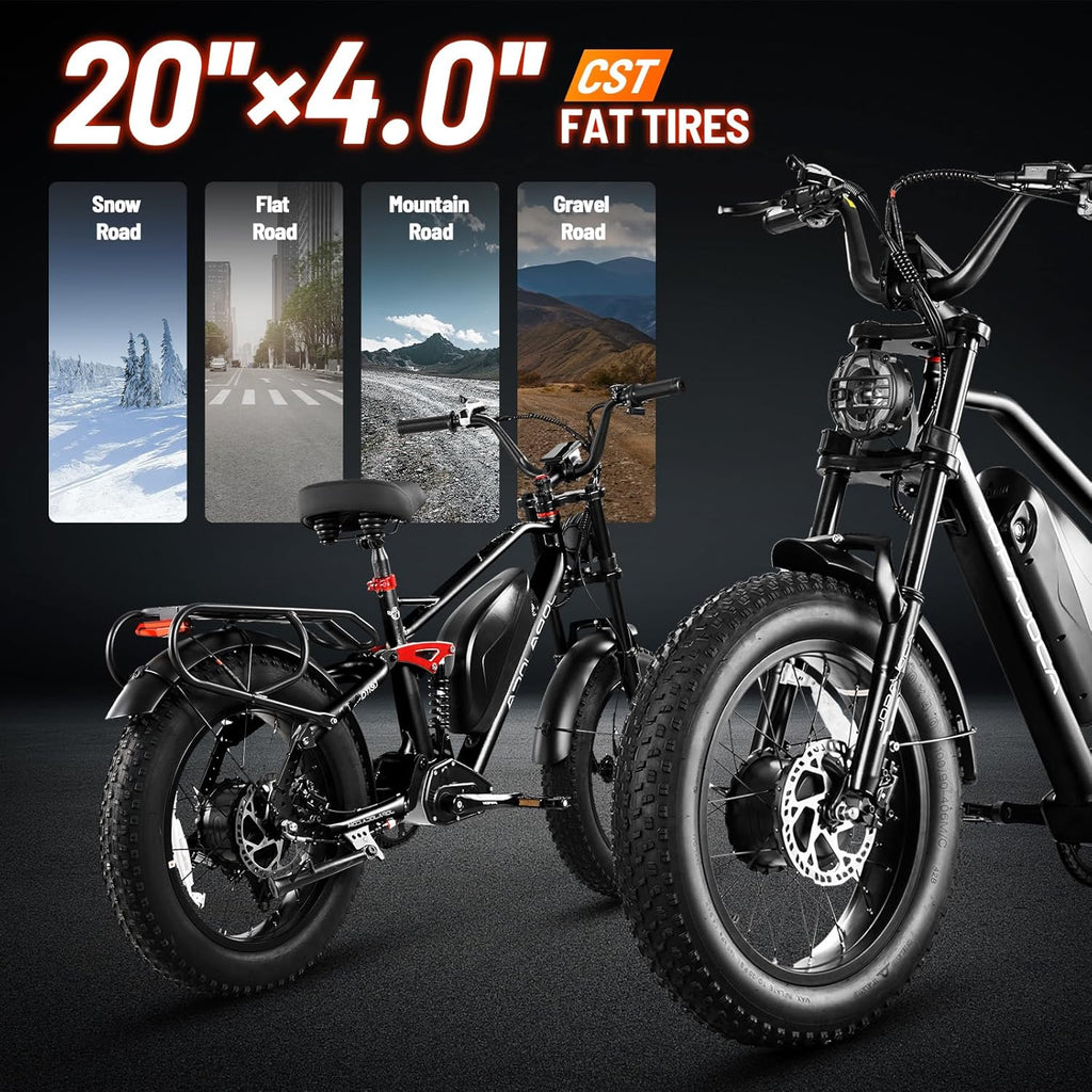 eAhora Terra/Luna 2 Dual Motor Electric Bike for Adults 3000W/1500W 33Mph/31Mph 7-Speed Ebike with Removable 48V 20Ah/15Ah Battery 20'' * 4.0 Fat Tires Ebikes with Dual Hydraulic Disc Brakes