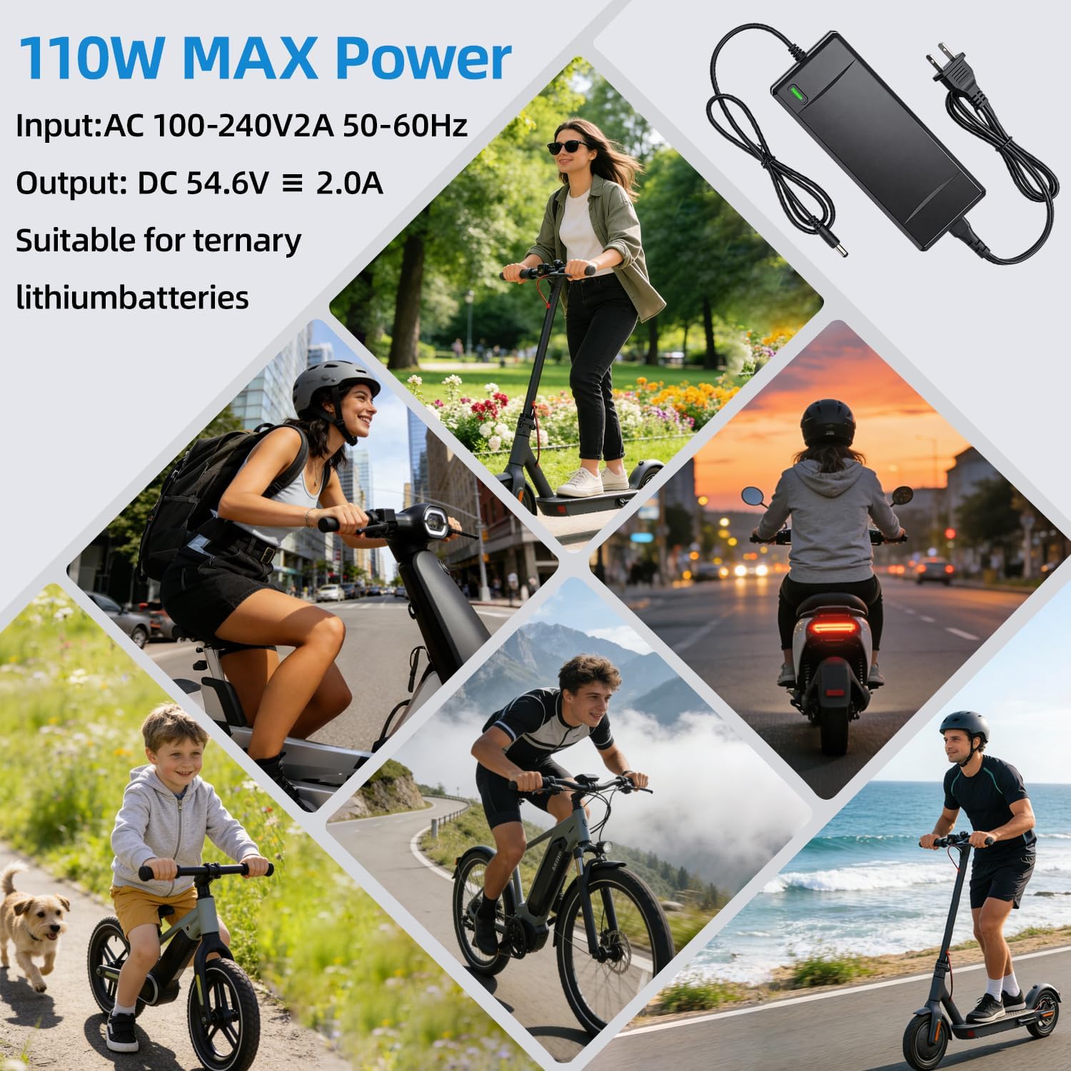 54.6V 2A Ebike Battery Charger, SGS Certified 48V Lithium Charger with 6 Multi-Plugs Universal Replacement for Rad Power Bike, Lectric XP 2.0/3.0, Ecotric City/Beach, Evercross H5/H7, Electric Bicycle