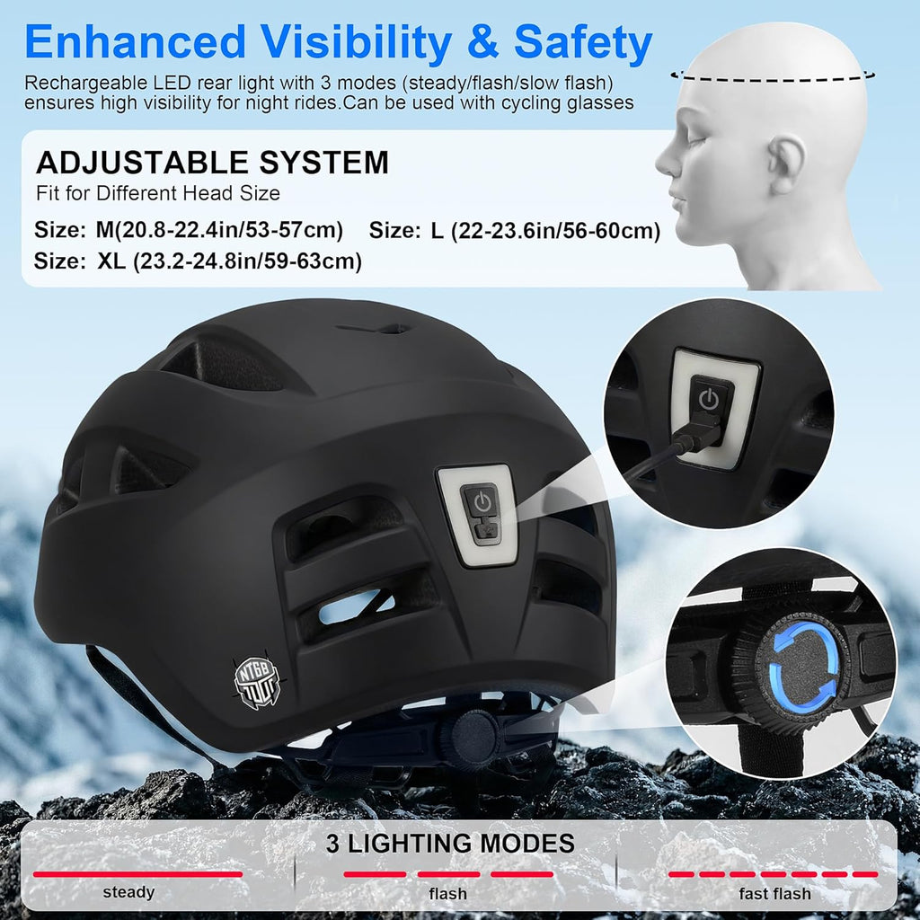 Bike Helmet Adult Men/Women/Youth-USB Rechargeable Rear Light Electric Scooter Helmet with CPSC/ASTM Certified Adjustable Lightweight for Road Trail Urban&Recreational Riding