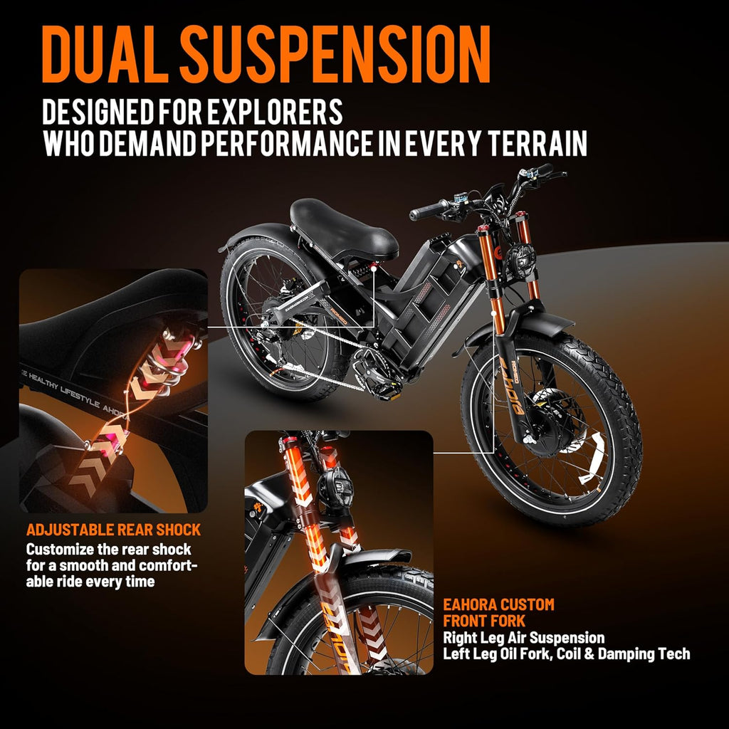 Eahora Romeo Pro 3 Electric Bike for Adults Peak 5600W 50MPH Dual Motor Ebike 60V 80Ah Battery 250+ Miles Ebike 26" Fat Tire Electric Mountain Bike Full Suspension Electric Bicycle