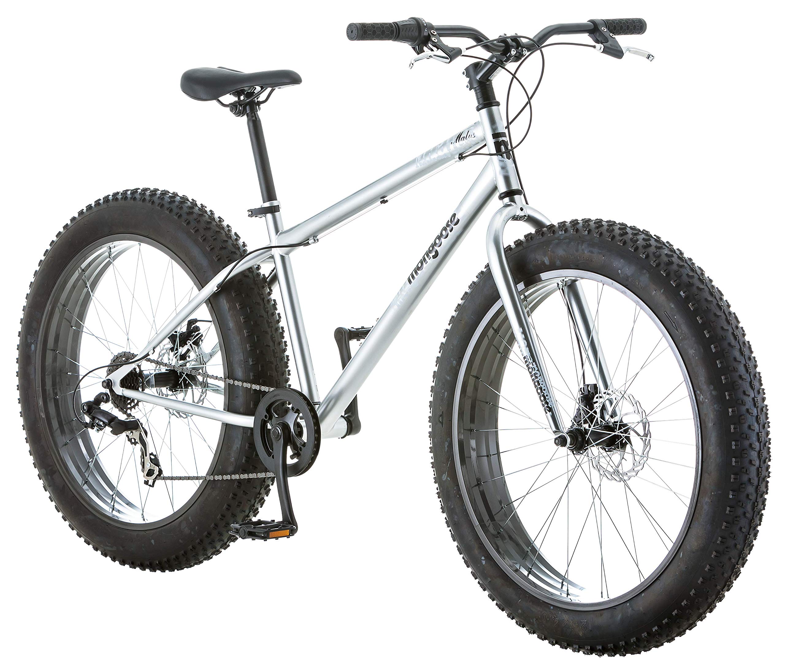 Mongoose Malus Mens and Women Fat Tire Mountain Bike, 26-Inch Bicycle Wheels, 4-Inch Wide Knobby Tires, Steel Frame, 7 Speed Drivetrain, Shimano Rear Derailleur, Disc Brakes