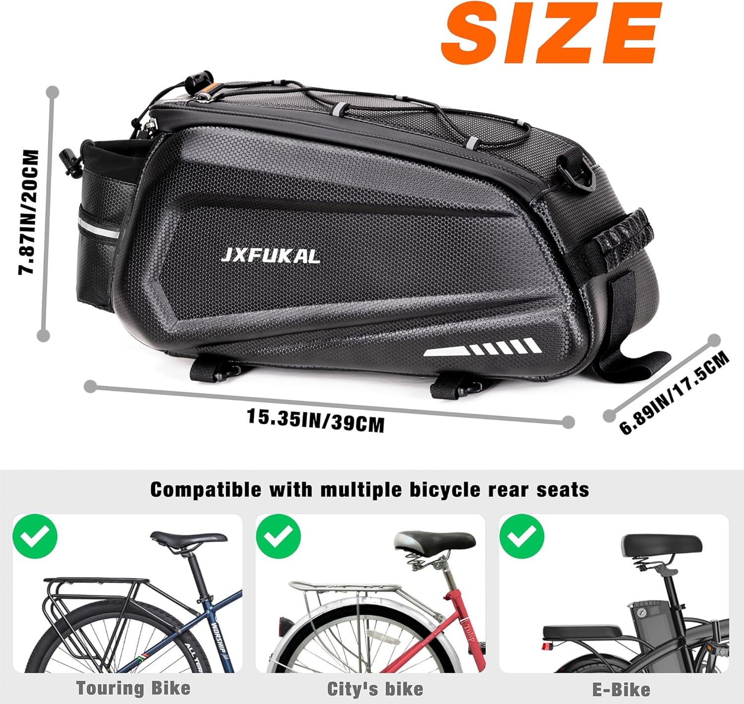 JXFUKAL Bike Bags for Bicycle Rear rack - 9.5L/17L/40L Hard Shell Waterproof Bike Ebike Trunk Pannier Saddle Seat Bag Carrier with Reflector, Rain Cover & Shoulder Strap for Commuter Travel Outdoor