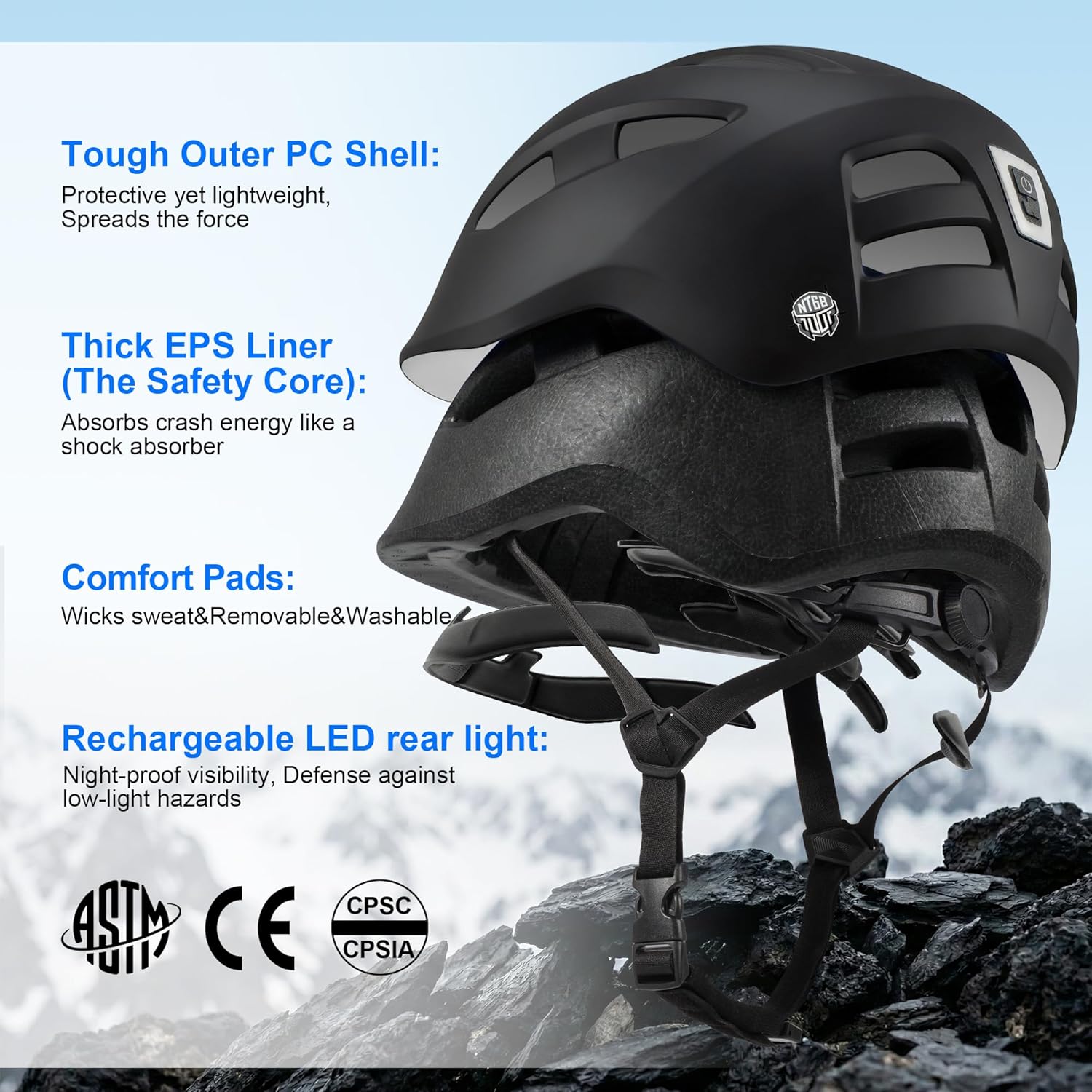 Bike Helmet Adult Men/Women/Youth-USB Rechargeable Rear Light Electric Scooter Helmet with CPSC/ASTM Certified Adjustable Lightweight for Road Trail Urban&Recreational Riding